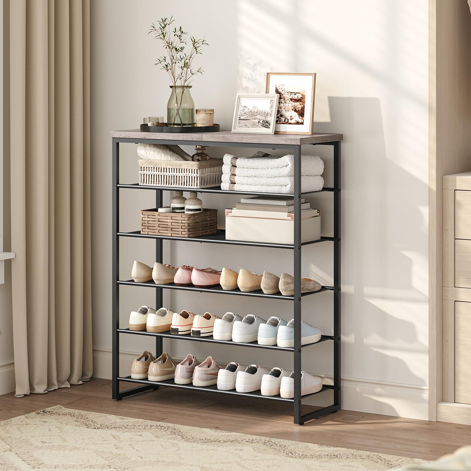 HOOBRO 6-Tier Shoe Rack Organizer - Holds 18-24 Pairs of Shoes, Large Capacity Entryway Storage Shelf for Closet, Hallway, Dorm Room - Industrial Style in Greige & Black (BG67XJ01G1) | Perfect for Small Spaces & Shoe Organization