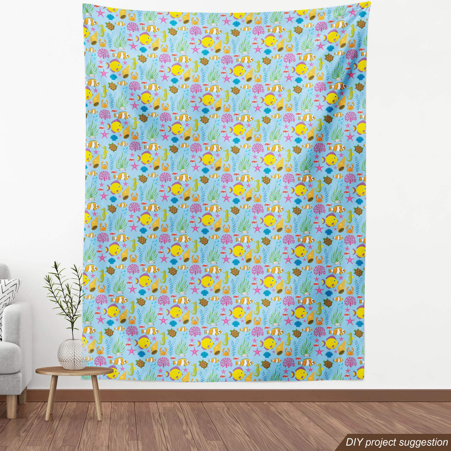 Lunarable Fish Themed Fabric by The Yard - Cartoon Sea Animals, Shells & Coral Print - Decorative Upholstery Fabric for Sofa, Curtains & Home Decor (10 Yards, Aqua Pink) | Perfect for DIY Crafts, Pillow Covers & Coastal-Themed Bedroom Designs