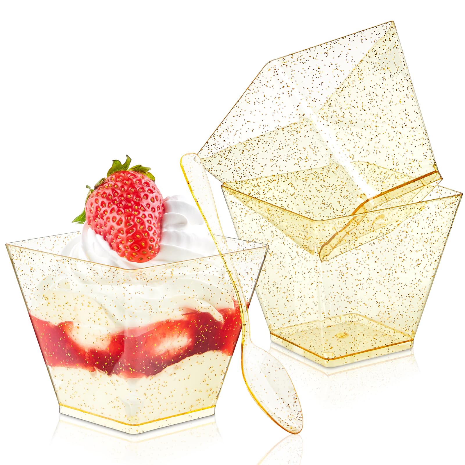 3.5 oz Mini Gold Glitter Plastic Dessert Cups with Spoons - 50 Pack Small Parfait Shooter Cups for Party Appetizers, Banana Pudding, Jello, Ice Cream & Cocktail Serving - Elegant Wedding & Birthday Party Decorations