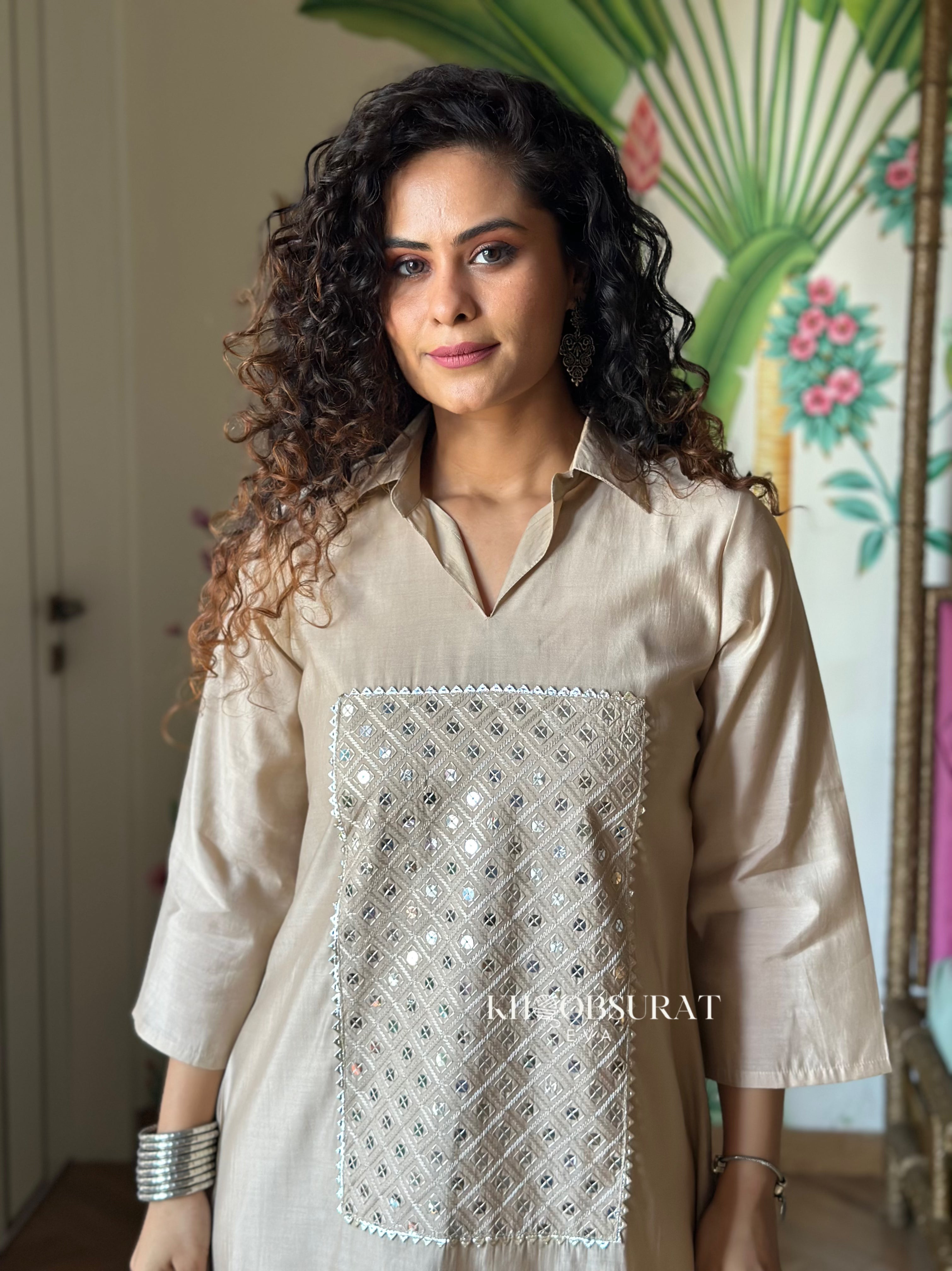 Bonjour Begum Beige Sequin Kurta Set - Elegant Indian Embroidered Top & Pants Outfit for Women | Perfect for Weddings, Parties & Festive Occasions