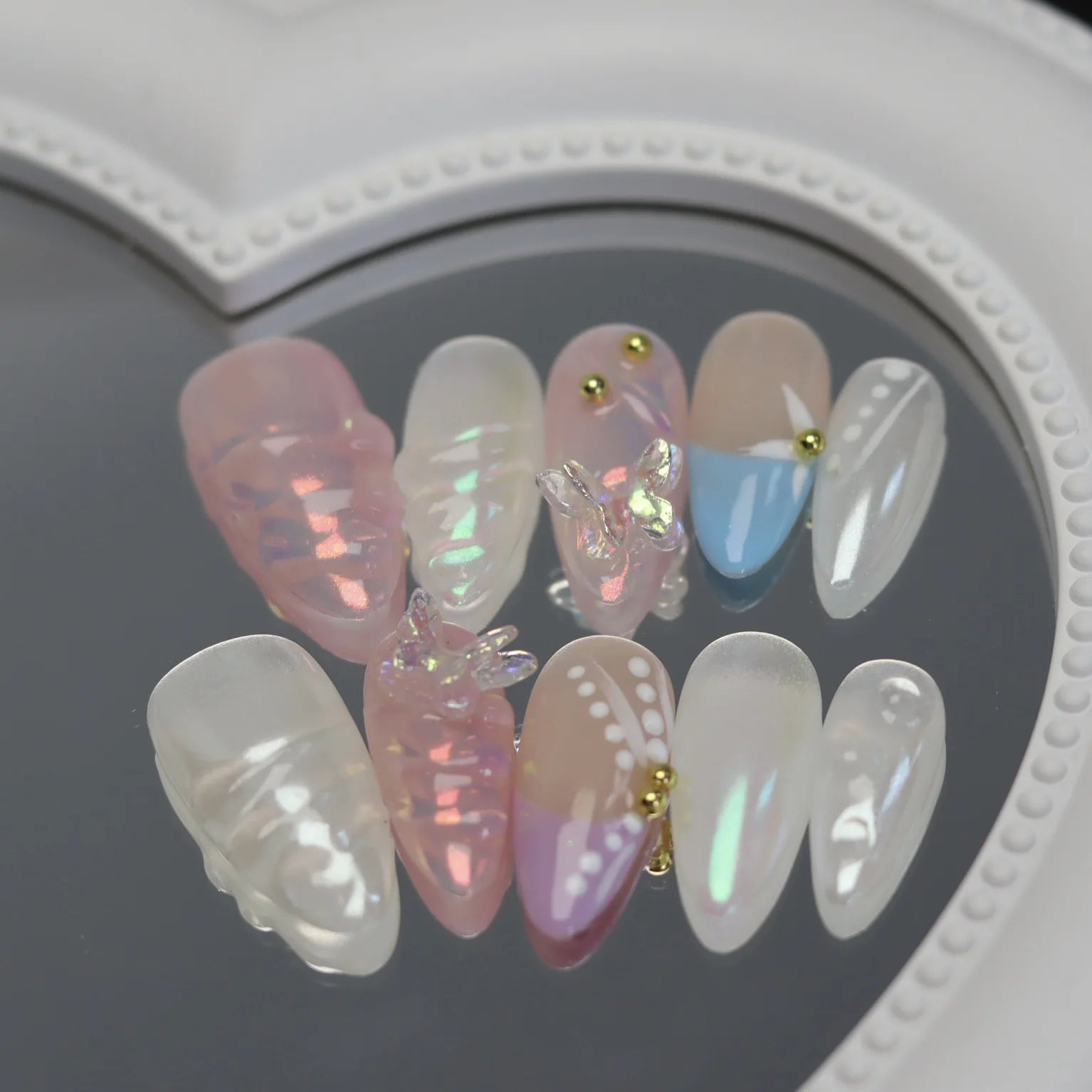 10Pcs Sweet Dreamy Almond Press On Nails - Aurora Pink False Nails with Glue, 3D Wave French Design, Full Cover Acrylic Manicure Tips for Women | Perfect for Parties, Weddings & Special Occasions