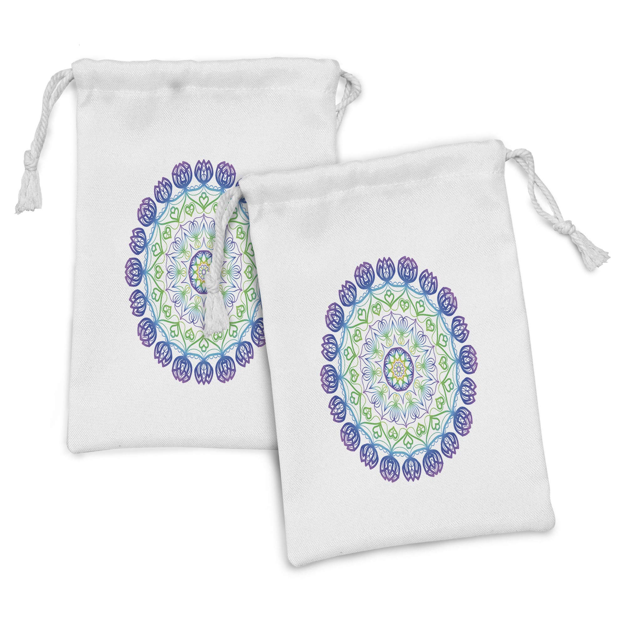Ambesonne Rainbow Mandala Fabric Pouch Set of 2 - Boho Rosette Pattern Drawstring Bags with Hearts & Stars (9