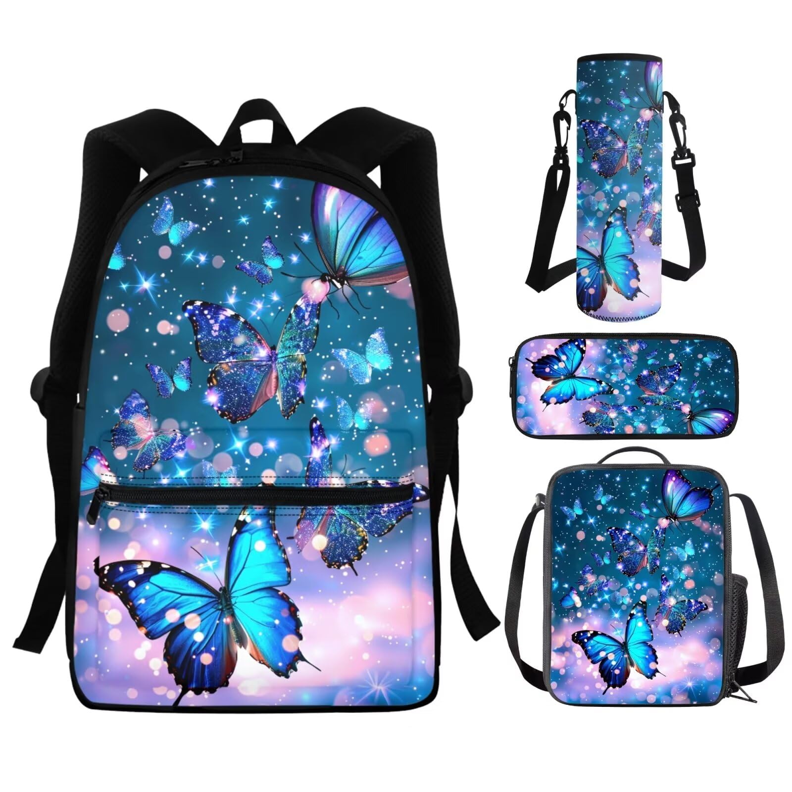 Dreaweet Girls Backpack Set with Lunch Box, Water Bottle Pocket & Pencil Case - Blue Butterfly Design School Bookbag for 5th Grade Students | Perfect for School, Travel, and Outdoor Activities