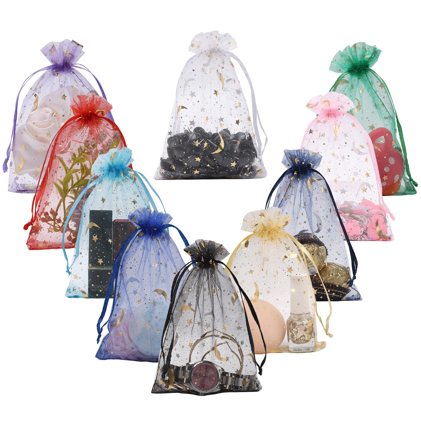 100PCS Moon Star Sheer Organza Gift Bags with Drawstring - 4x6 Inch Mixed Color Wedding Favors, Jewelry Pouches & Party Favor Bags for Christmas, Birthdays, Baby Showers & Makeup Storage - Elegant & Reusable