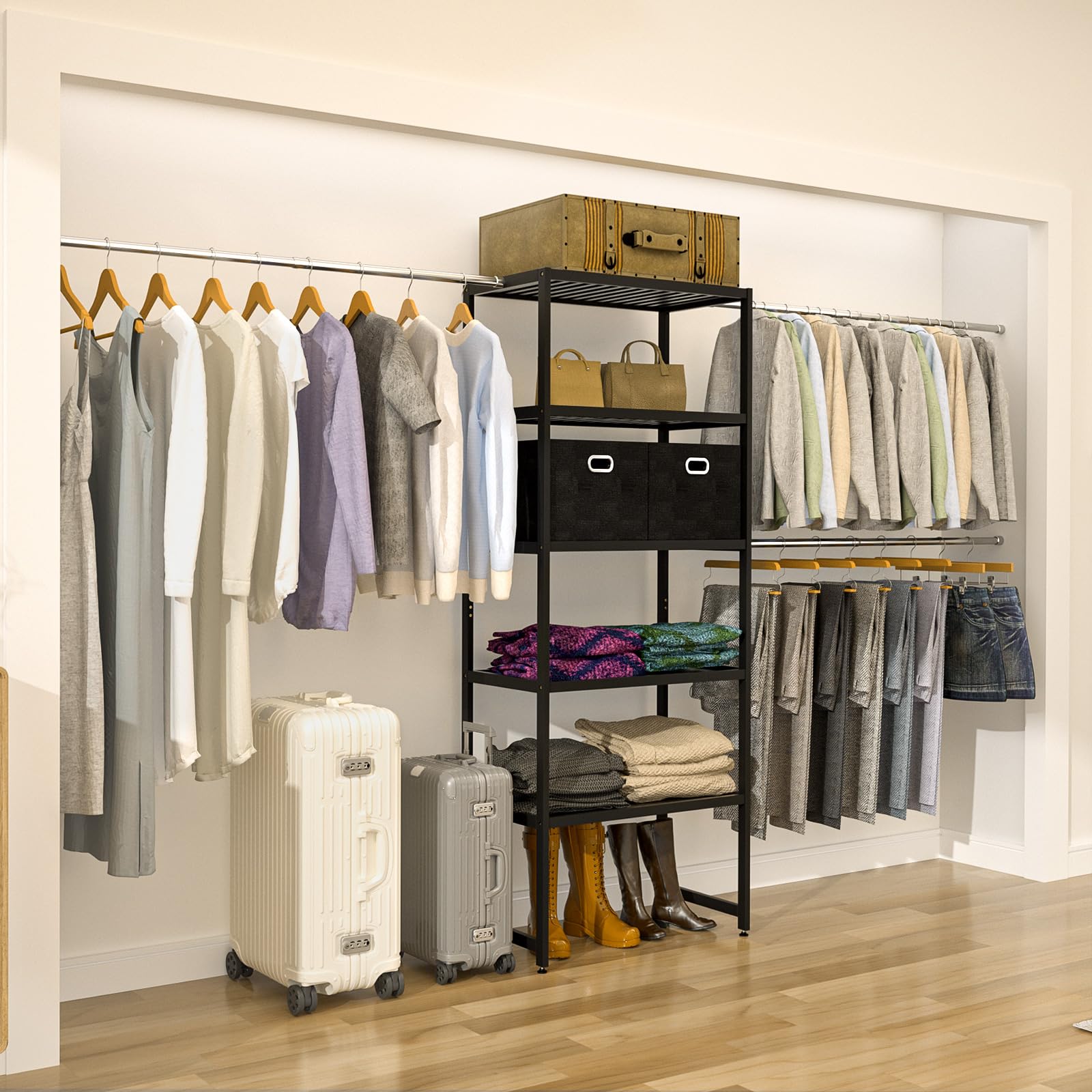 5-Tier Wall Mounted Closet Organizer System with 3 Expandable Hanger Rods & 2 Drawers - Space Saving Storage for Clothes, Shoes, Handbags - Perfect for Bedroom, Walk-in Closet & Small Space Organization