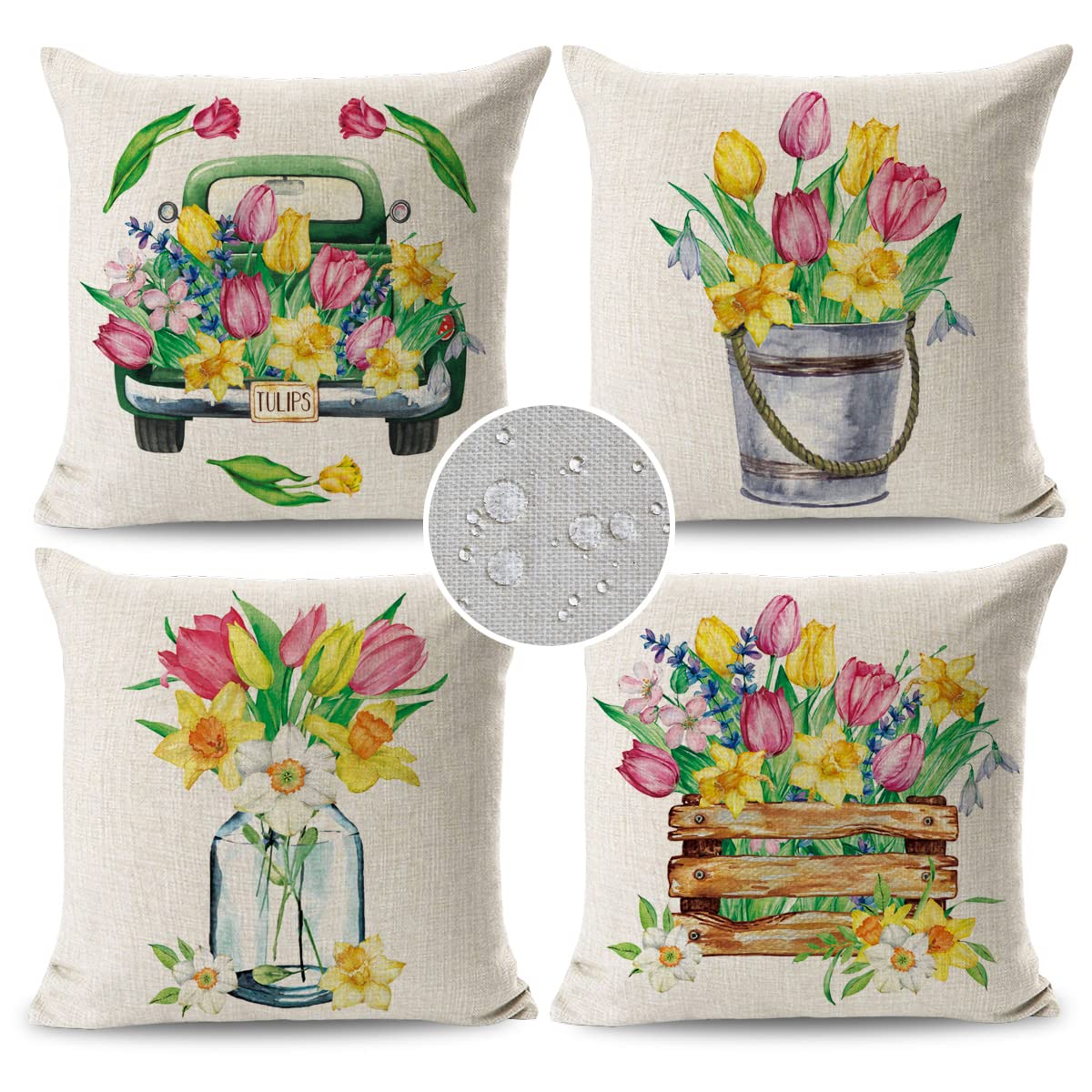 JOJOGOGO Waterproof Outdoor Spring Pillow Covers 18x18 Inch Set of 4 - Easter Floral Decorative Cushion Covers for Patio Furniture, Garden, Porch & Seasonal Home Decor
