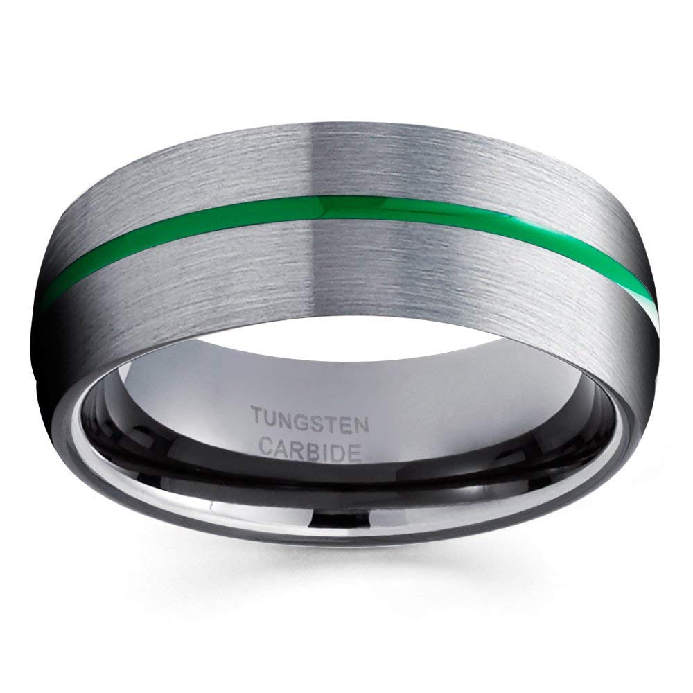 Gray Tungsten Wedding Band - 8mm Gunmetal Tungsten Ring for Men, Comfort Fit Anniversary Ring with Green Inlay - Perfect for Weddings, Engagements & Special Occasions