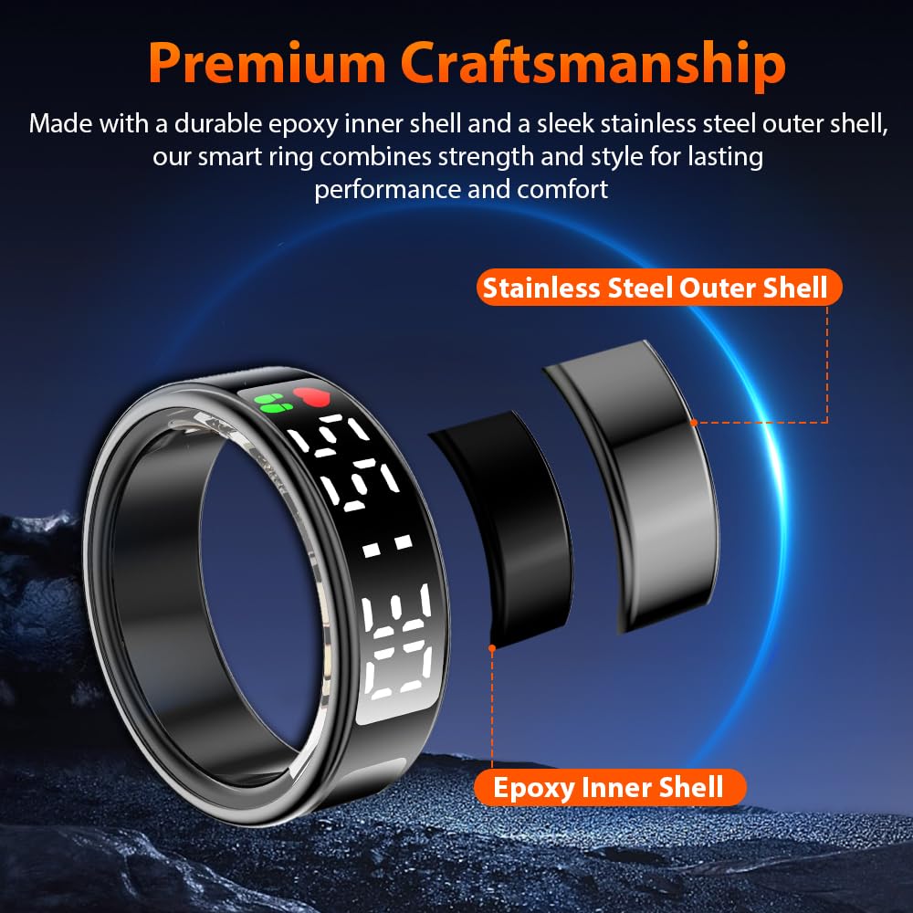 Smart Ring Health Tracker with LED Display - IP68 Waterproof Fitness Ring | Bluetooth Activity Tracker for Heart Rate, Blood Oxygen, Sleep & Step Monitoring | Compatible with iOS & Android | Perfect for Workouts, Sleep Analysis & Daily Health Tracking