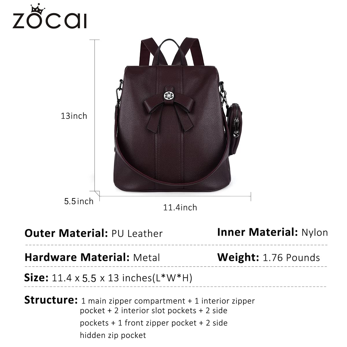 ZOCAI Women's Fashion Backpack Purse - PU Leather Anti-Theft Shoulder Bag & Satchel Daypack for Work, Travel & Daily Use