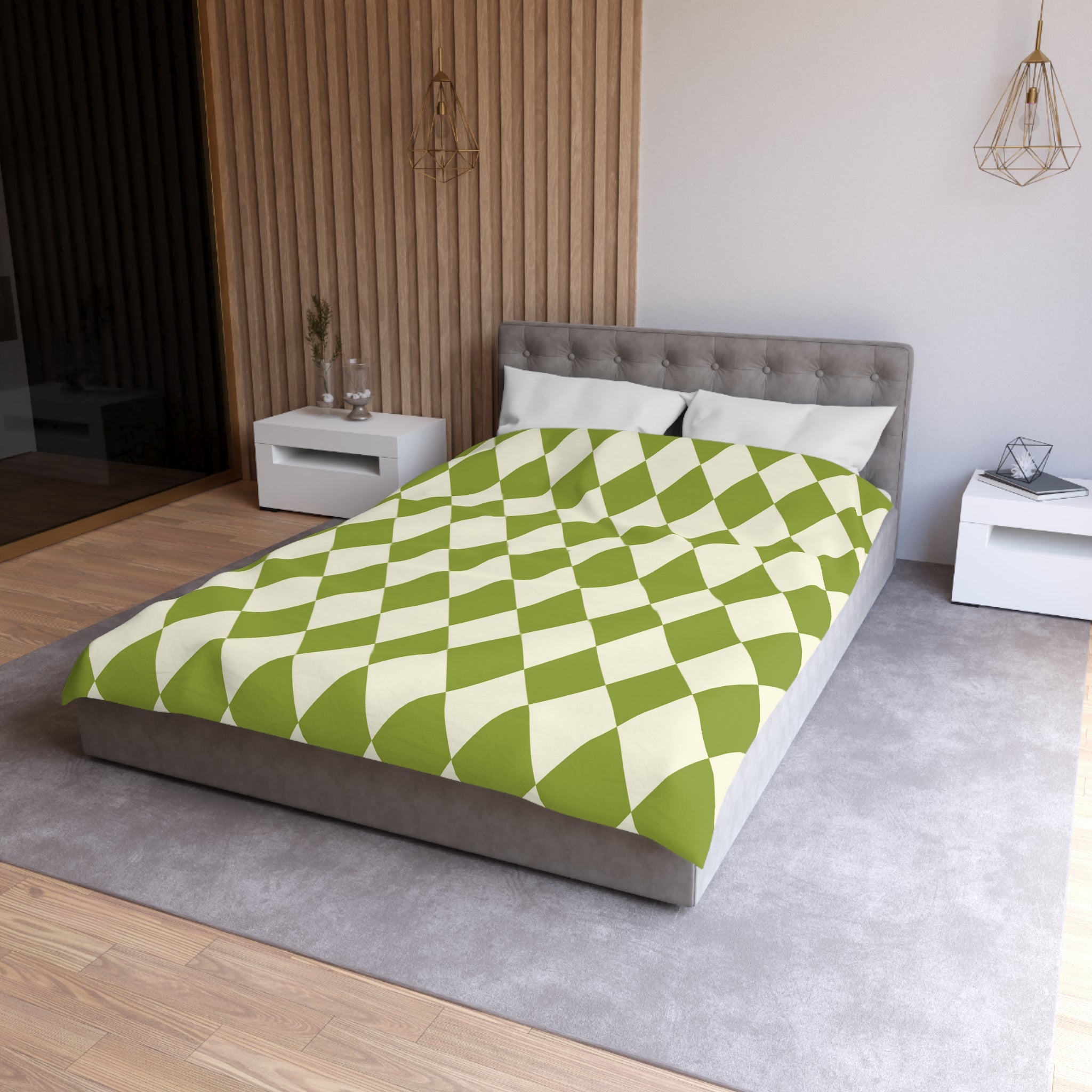 Harlequin Microfiber Duvet Cover Set - Green & Off White Diamond Pattern Bedding - Soft Queen/King Size Duvet Cover for Cozy Bedroom Decor