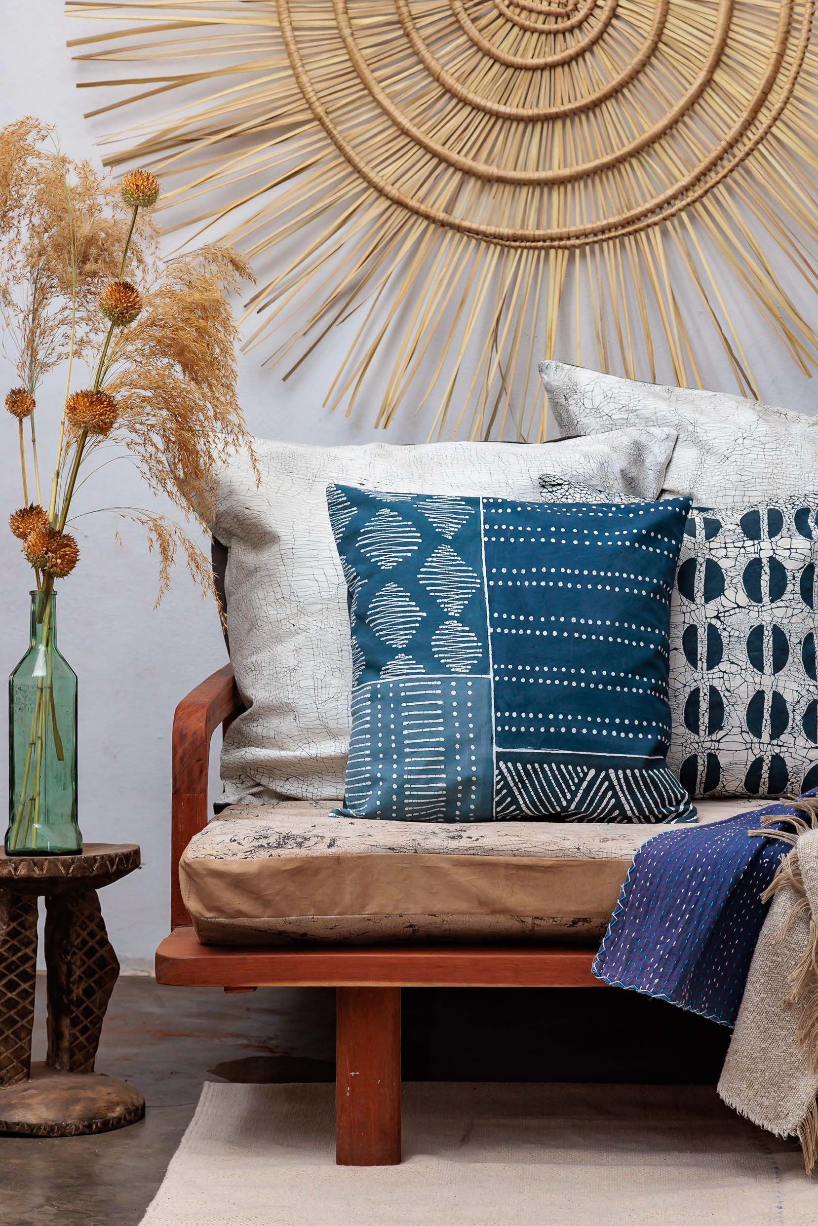Handmade Tribal Indigo Patchwork Cushion Cover - Dark Blue Bohemian Pillow Case for Sofa, Bed, Living Room Decor