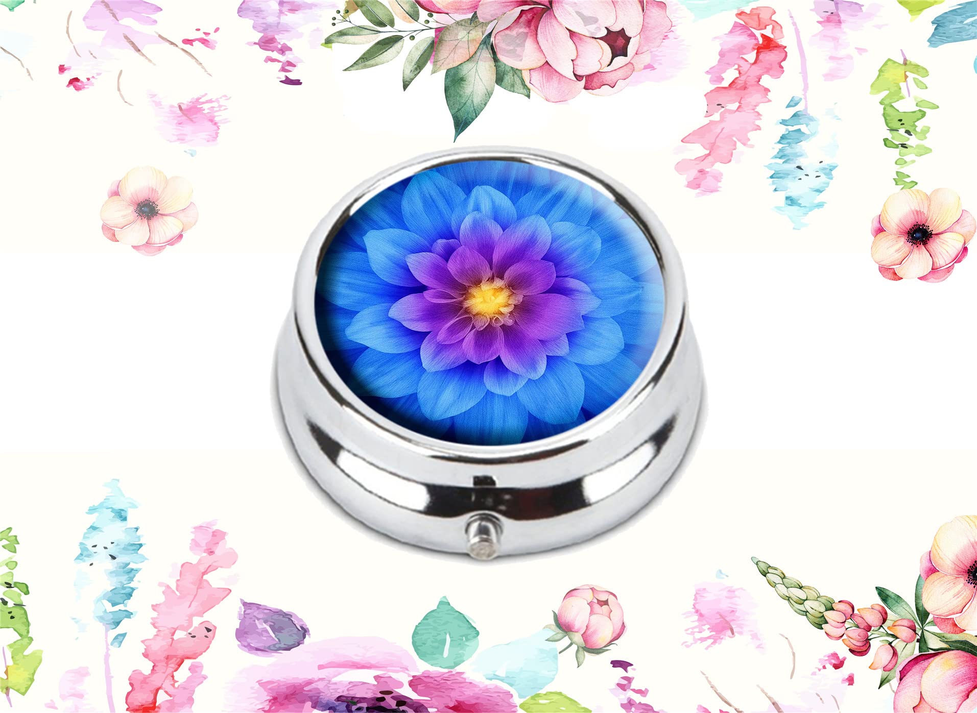 Custom Fashion Round Pill Box - Portable Tablet Holder & Purse Organizer with Blue Watercolor Lotus Design - Perfect for Travel, Daily Medication & Jewelry Storage