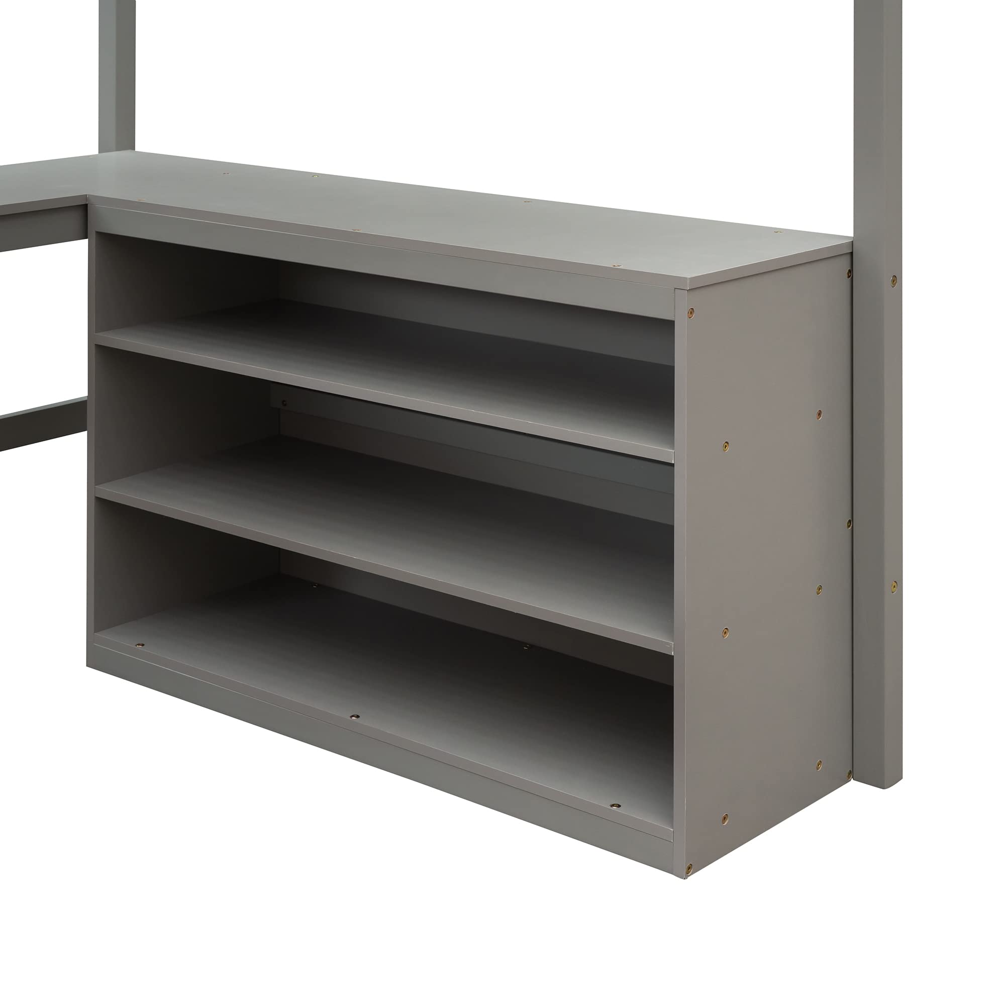 Merax Full Size Loft Bed with Shelves & Study Desk - Sturdy Wooden Bunk Bed Frame in Grey - Perfect for Small Bedrooms, Dorm Rooms & Kids' Space-Saving Solutions