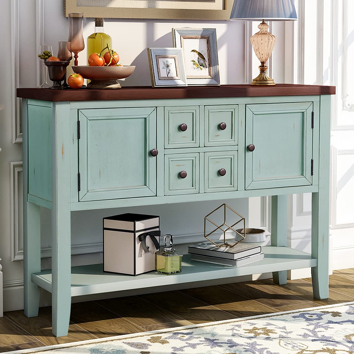 Vintage Wooden Console Table with 4 Drawers & 2 Cabinets - Mid Century Modern Buffet Sideboard with Open Shelf - Entryway Sofa Table for Living Room, Bedroom, Hallway - Perfect for Home Decor & Storage (Retro Blue)
