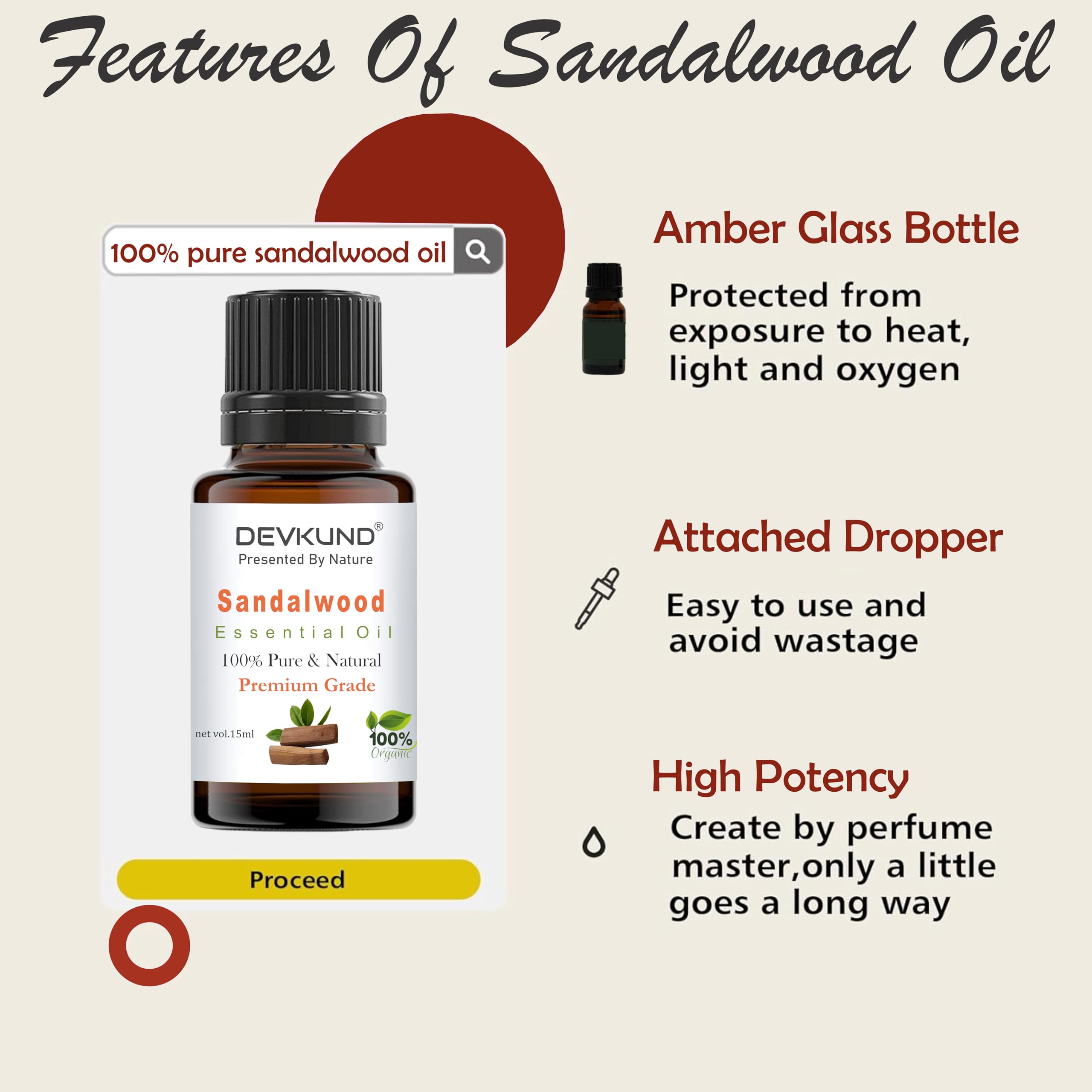 Pure Sandalwood Essential Oil with Dropper - 100% Natural Chandan Oil for Aromatherapy, Stress Relief & Relaxation - Skin Care, Bathing & Diffuser Use - Organic Fragrance Oil for Home Spa, Yoga & Meditation - 15ml Bottle