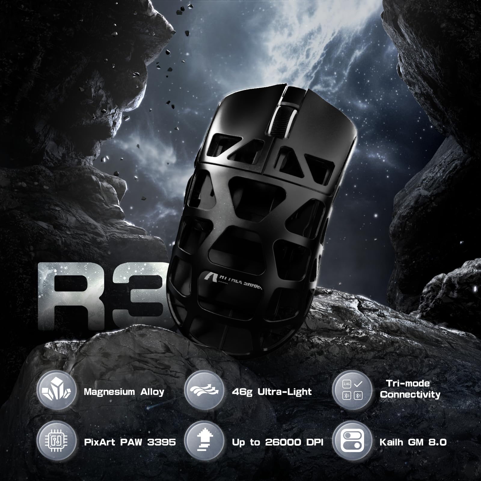 Attack Shark R3PRO 46g Ultra-Light Magnesium Alloy Gaming Mouse - 8000Hz Wireless, 26000DPI, 2.4G/BT/Wired, PixArt PAW3395 Sensor, Programmable Buttons with Coiled Cable - Perfect for FPS, MOBA, and Esports on PC & Mac (Black)