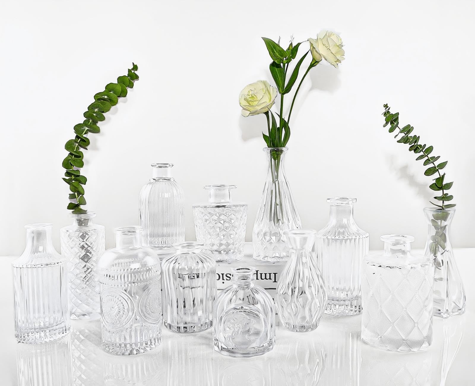 12 Pack Clear Glass Bud Vases - Small Vintage Centerpiece Vases for Wedding, Home & Office Decor - Bulk Mini Flower Vases for Table Arrangements, Party Decorations & Romantic Settings