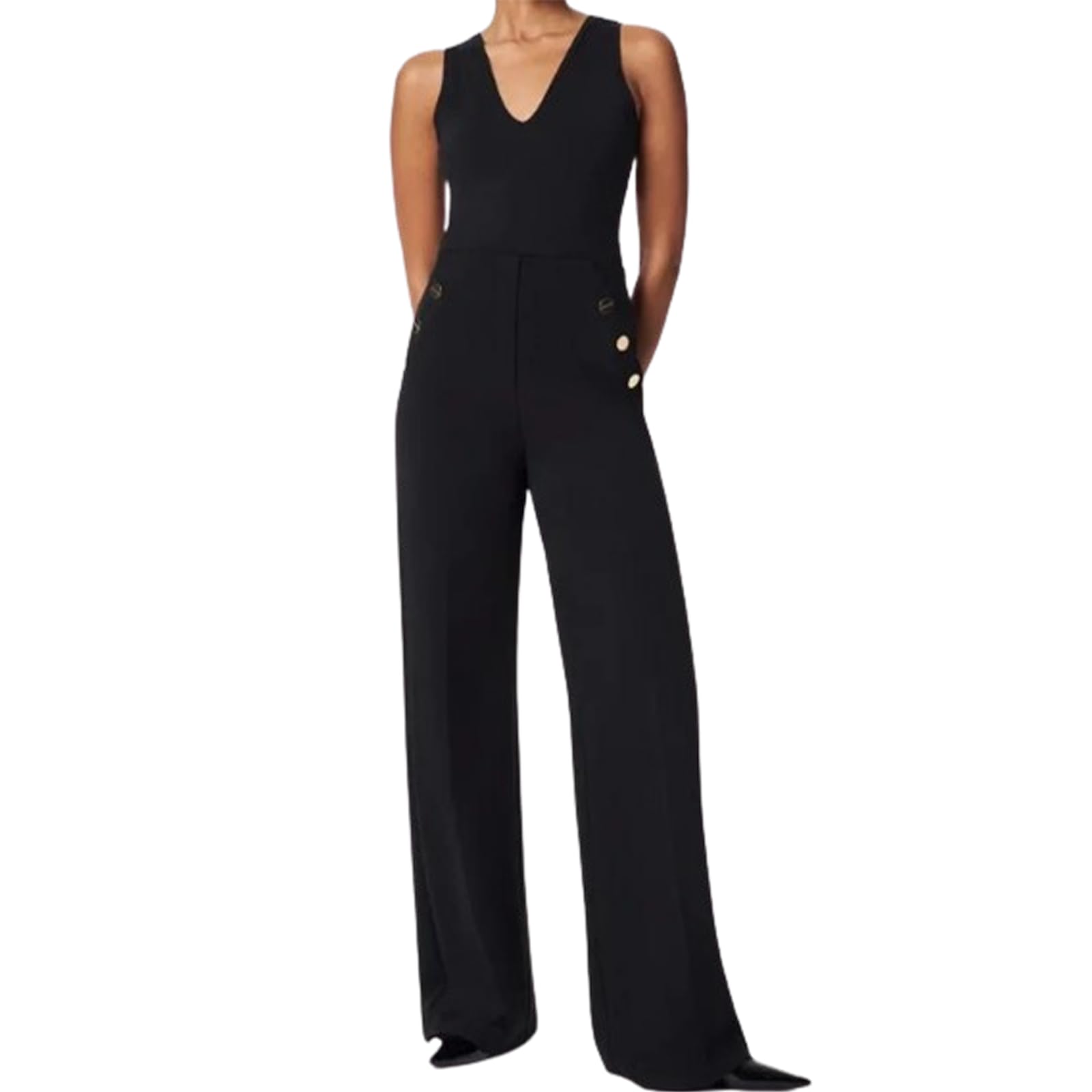 Women's Plus Size Tummy Control Button Wide Leg Pants - Black Pull On High Waisted Palazzo Trousers for Work, Office & Casual Wear