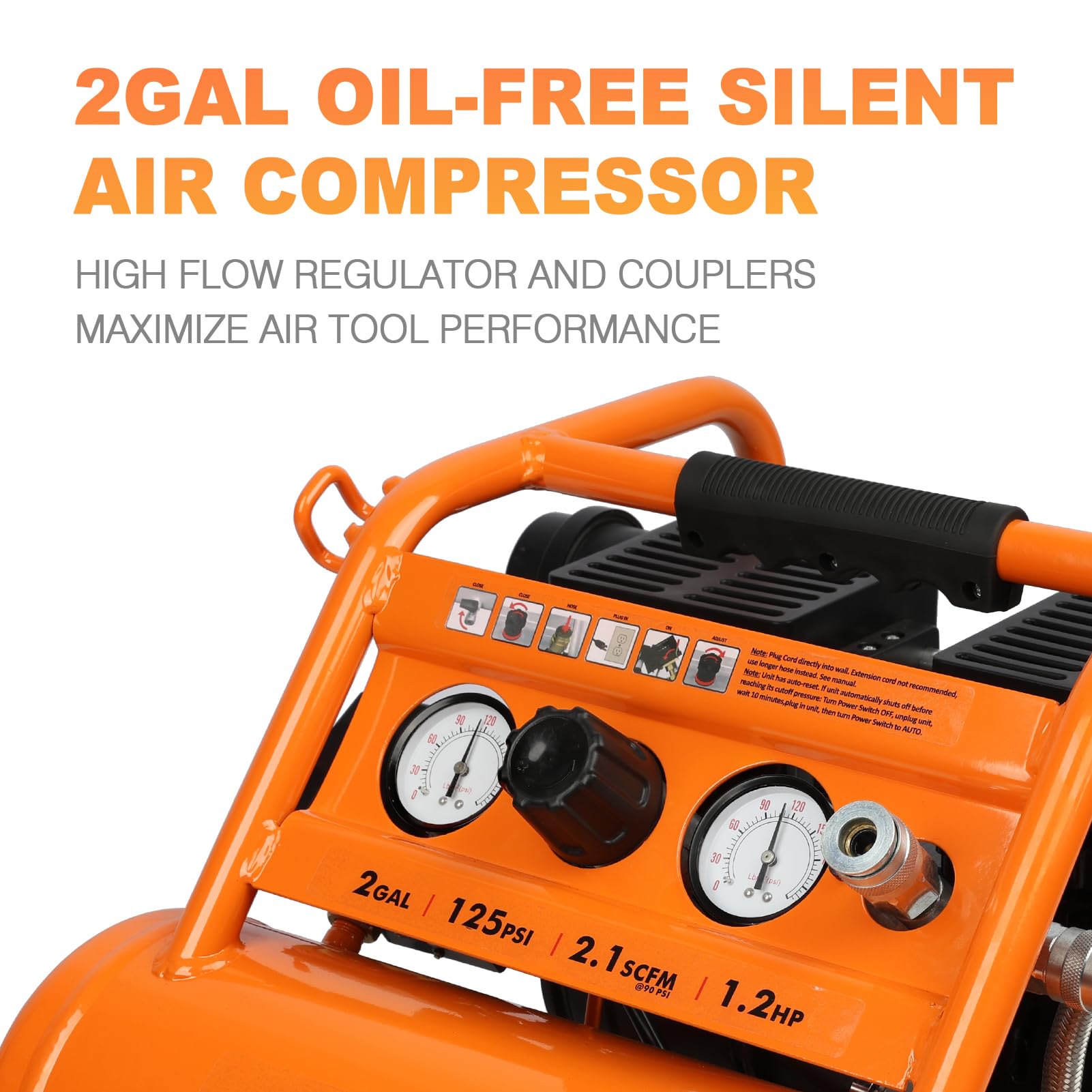 FORNAX 2 Gallon Portable Air Compressor - 1.2 HP, 2.1 SCFM @ 90 PSI, Oil-Free, 135 PSI Max Pressure, 65 dB Quiet - Perfect for Auto Repair, Tire Inflation, Airbrushing, Nailing & DIY Projects