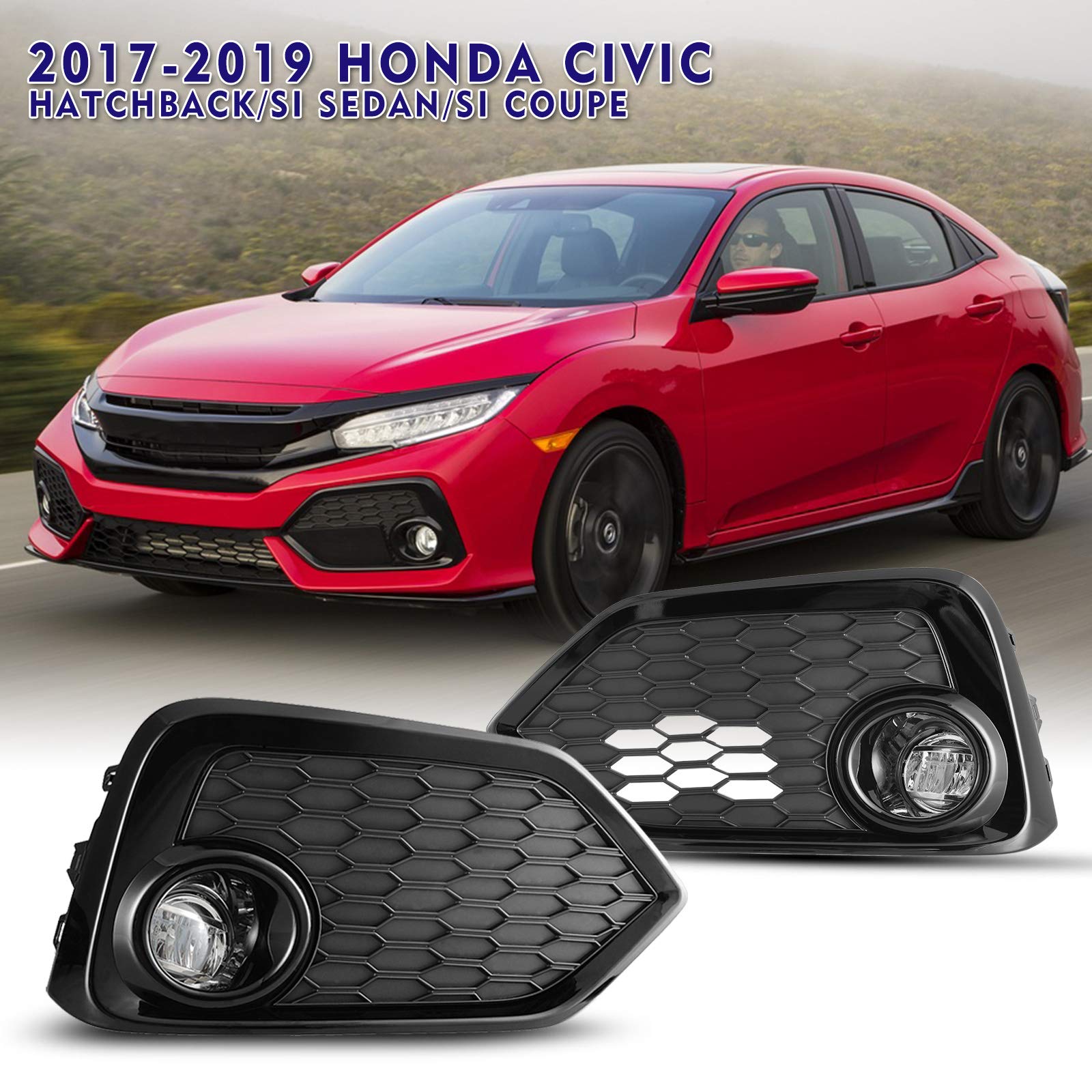 2017-2019 Honda Civic Hatchback/Si LED Fog Lights Kit - Clear Lens Fog Lamps with Wiring Harness & Switch (1 Pair) - Perfect for Night Driving and Bad Weather Conditions