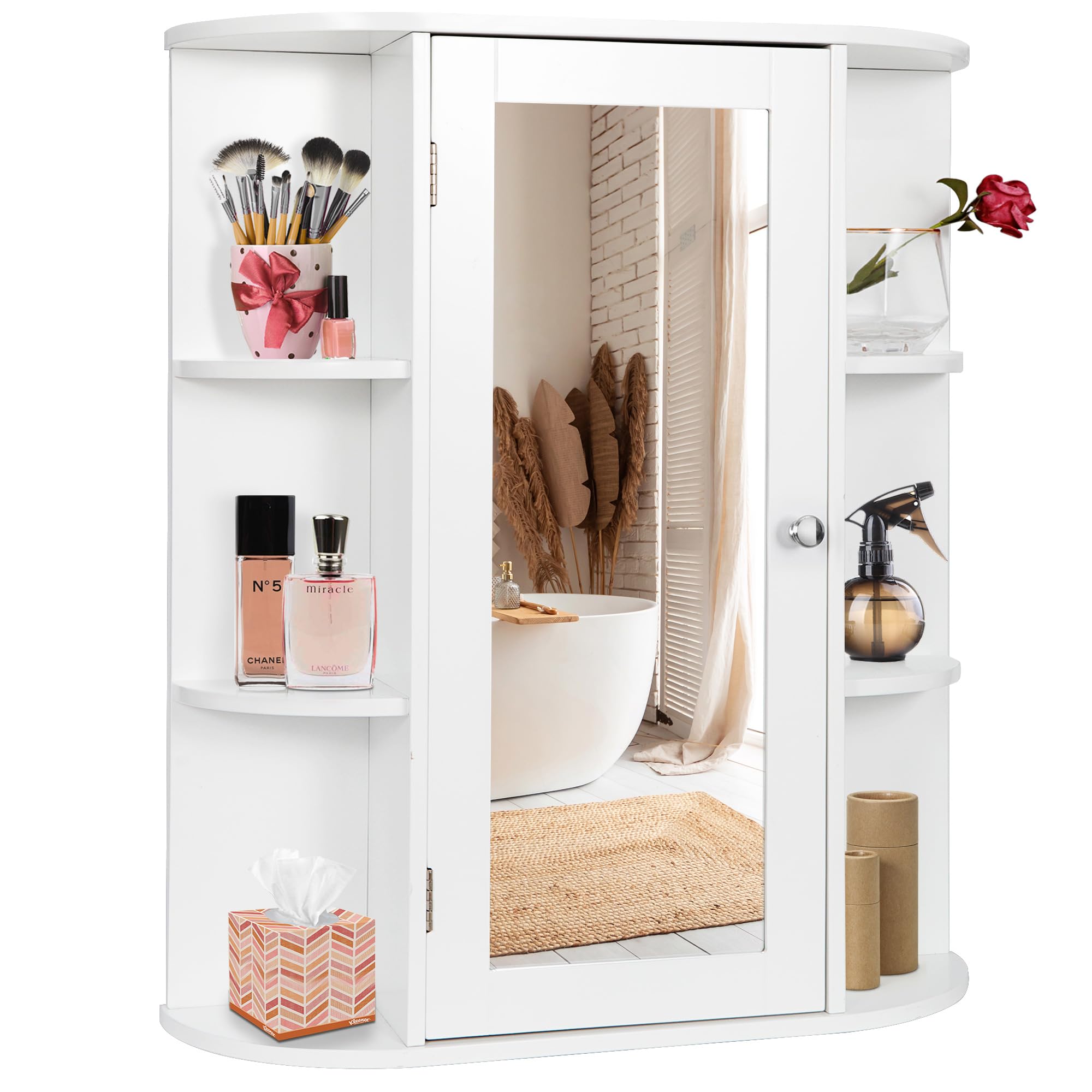 Premium White Wall Mount Medicine Cabinet with Mirror Door & Adjustable Shelves - 6 Open Storage Shelves for Bathroom Organization - Perfect for Small Spaces & Modern Bathrooms