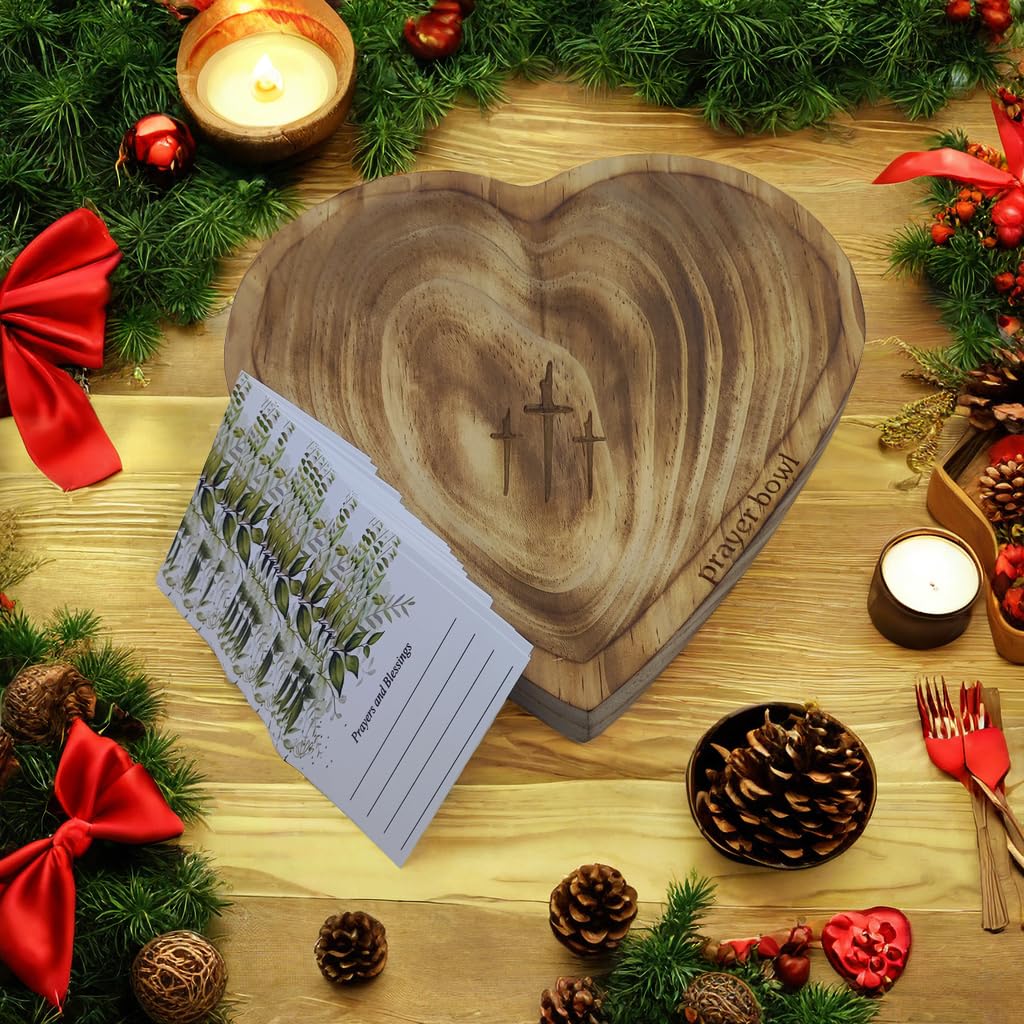 Christian Heart Prayer Bowl with Cards - Natural Wooden Prayer Dough Bowl for Women, Religious Home Decor & Devotional Gifts - Perfect for Daily Prayers, Bible Study & Spiritual Meditation