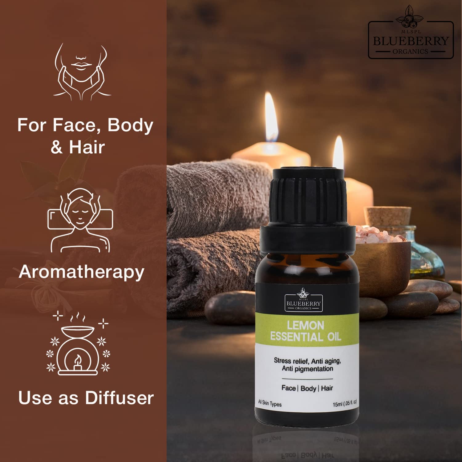 MLSPL BLUEBERRY ORGANICS Pure Lemon Essential Oil - 15ml | Natural Skin Brightening & Dandruff Treatment | For All Skin & Hair Types | Perfect for Aromatherapy, DIY Beauty & Hair Care