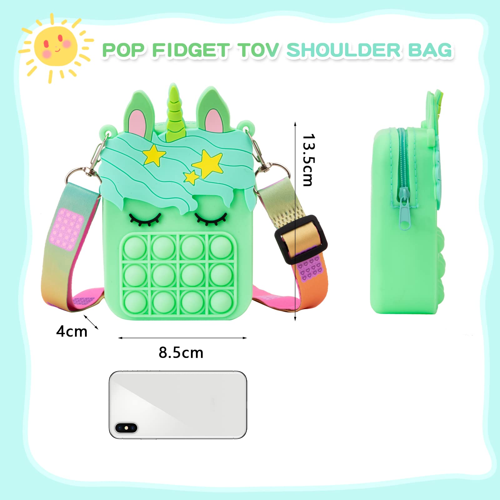 Borso Pop Push It Fidget Toy Bag - 2-in-1 Handheld Messenger Purse with Pop It Sensory Stress Relief for Girls, Teens & Adults (Light Green Unicorn) - Perfect for School, Travel & Anxiety Relief