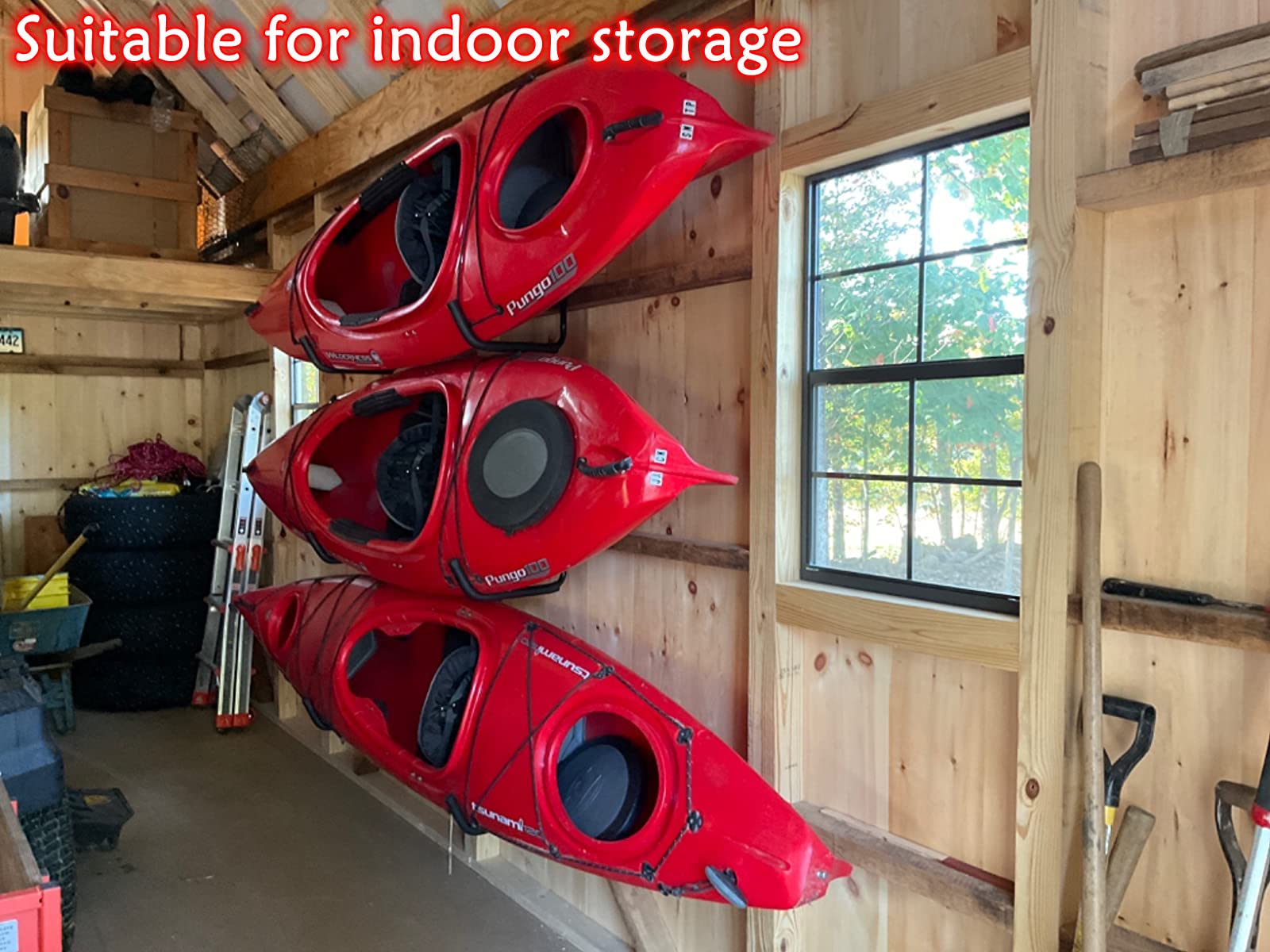 Heavy Duty 15.5 Inch Garage Storage Kayak Hooks - Wall Mounted Rack for Canoe, Paddleboard, Surfboard, Snowboard, Ladders & Bikes (Black/Red, 15.5