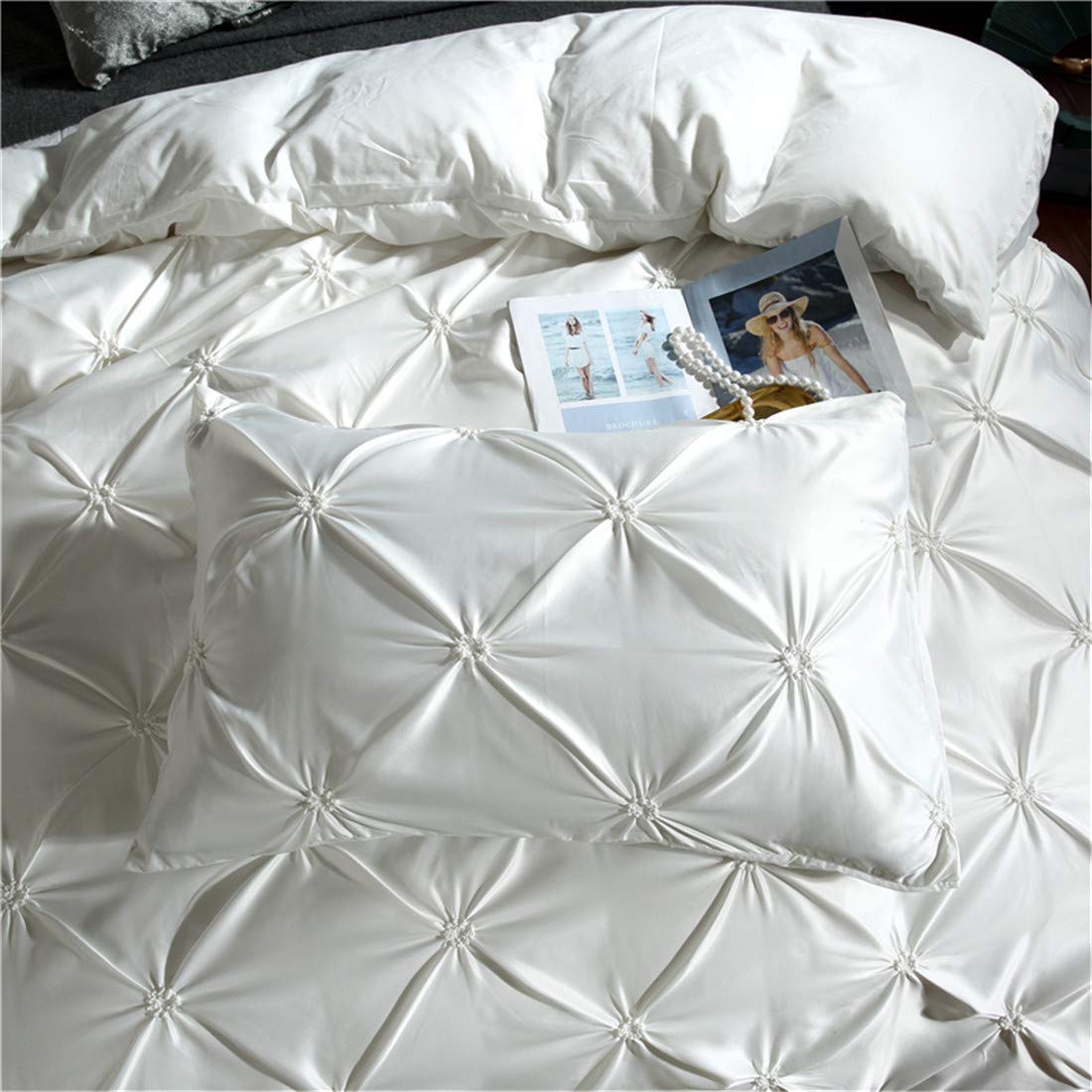 Luxury White Pinch Pleated Duvet Cover Set - Twin Size Silk Satin Bedding with Zipper & Ruffle Design - Microfiber Comforter Cover for Elegant Bedroom Decor - Perfect for Guest Rooms, Master Bedrooms & Luxury Hotels