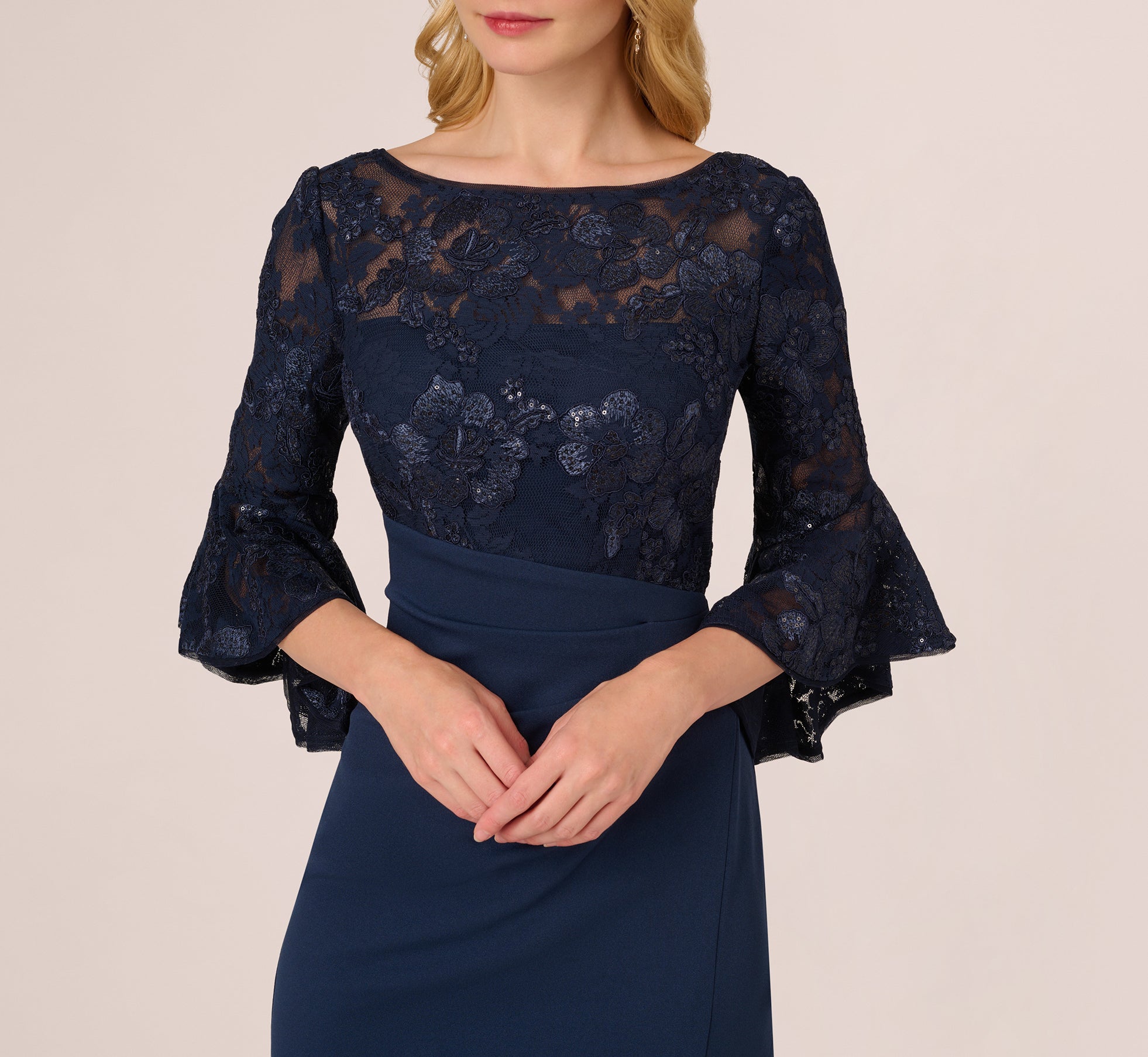 Navy Blue Sequin Floral Lace Dress with Sheer Bell Sleeves - Elegant Party Dress for Women, Perfect for Evening Events, Weddings & Special Occasions
