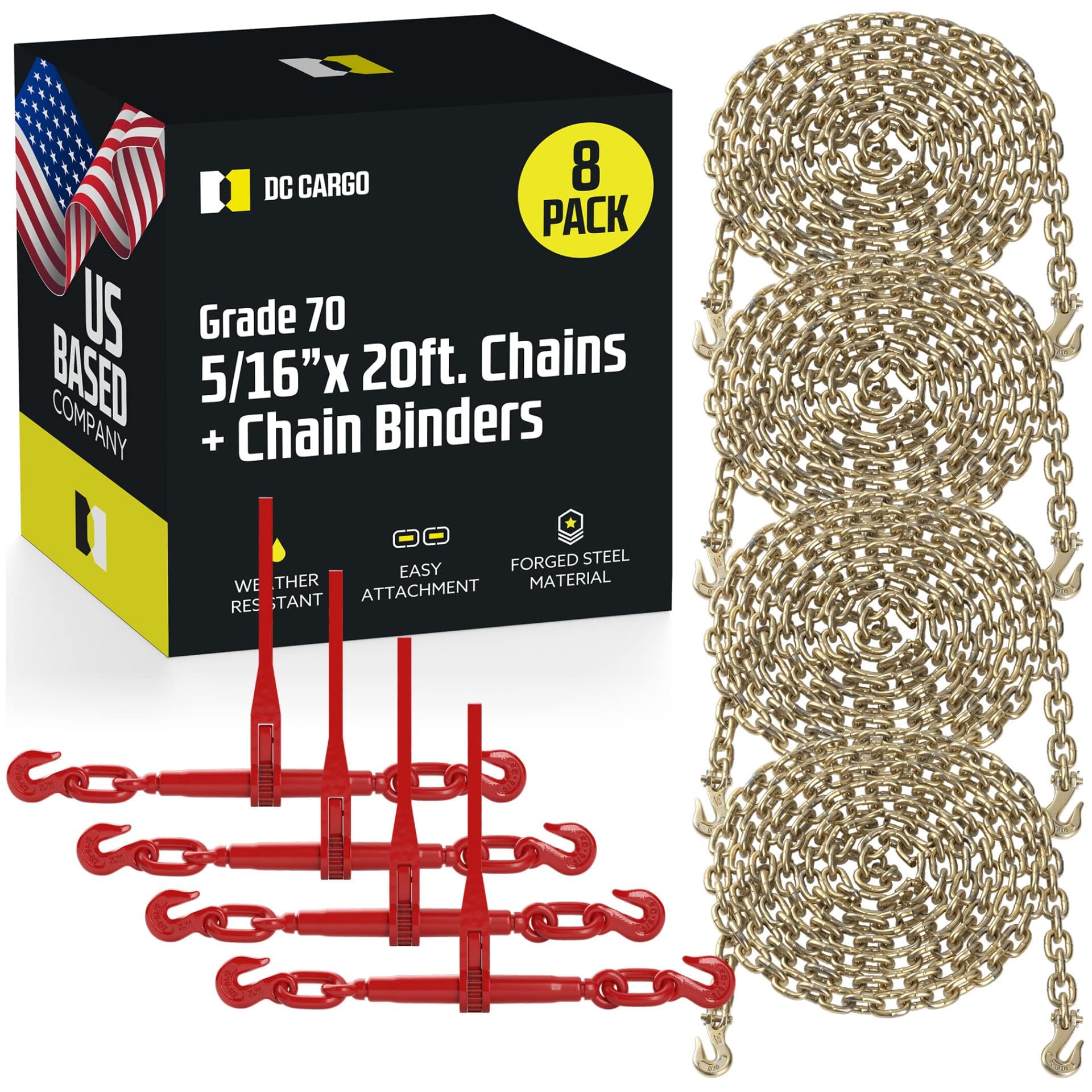 Heavy Duty DC Cargo Chain Binder Kit (4 Sets) - 5/16