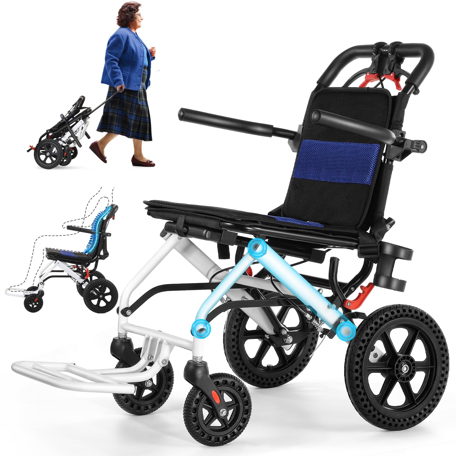 Lightweight Transport Wheelchair - Portable Folding Wheelchair with Extra-Wide Armrests & 10