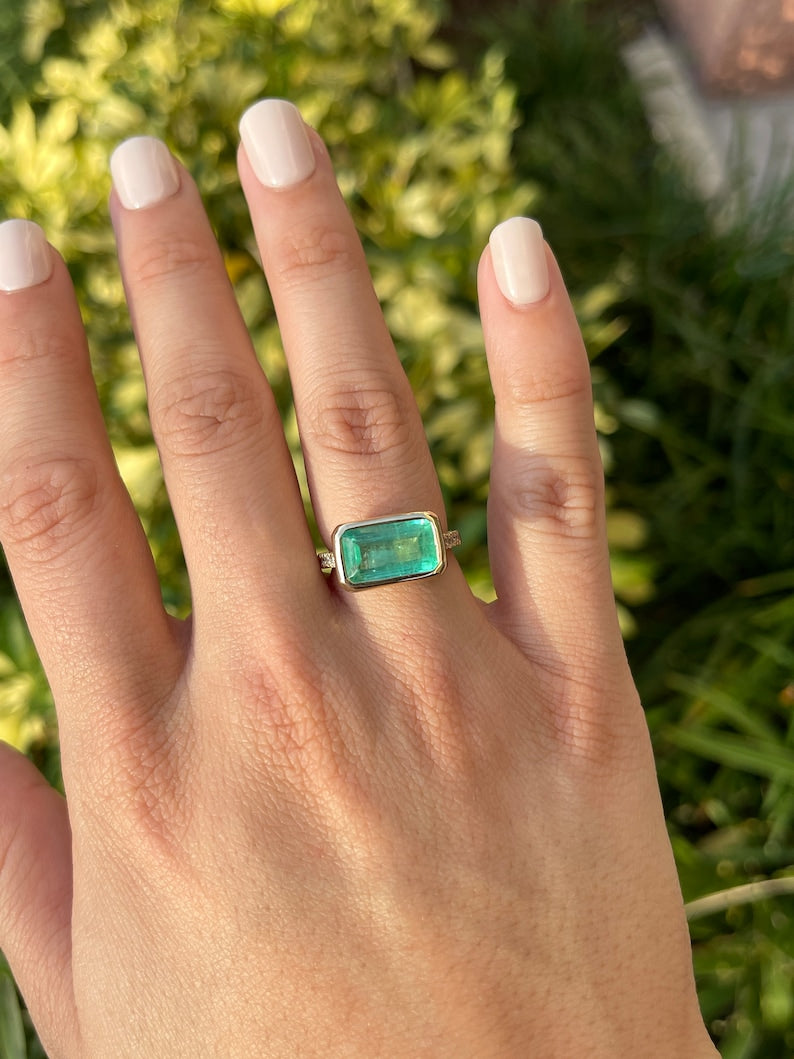 5.97tcw 14K Gold East West Emerald Cut Bezel Ring with Diamond Accents - Elegant Stackable Jewelry for Weddings, Anniversaries & Everyday Wear