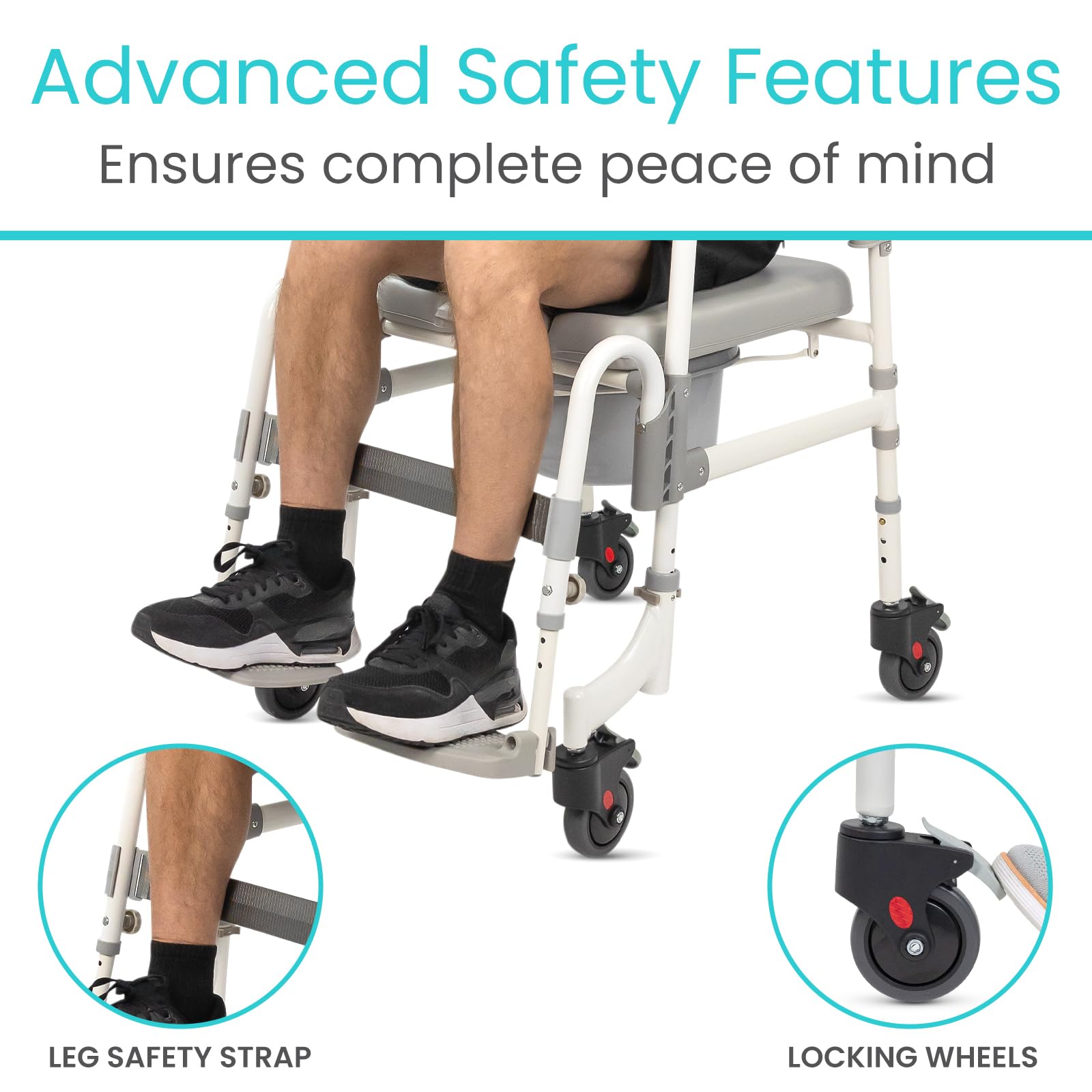 Vive 3-in-1 Rolling Commode & Shower Chair with Wheels - Adjustable Height Transport Wheelchair for Bathroom & Bedside Use - Mobility Aid for Disabled Adults, Elderly & Seniors - FSA/HSA Eligible - Ideal for Home Care, Post-Surgery Recovery & Assisted Living Facilities