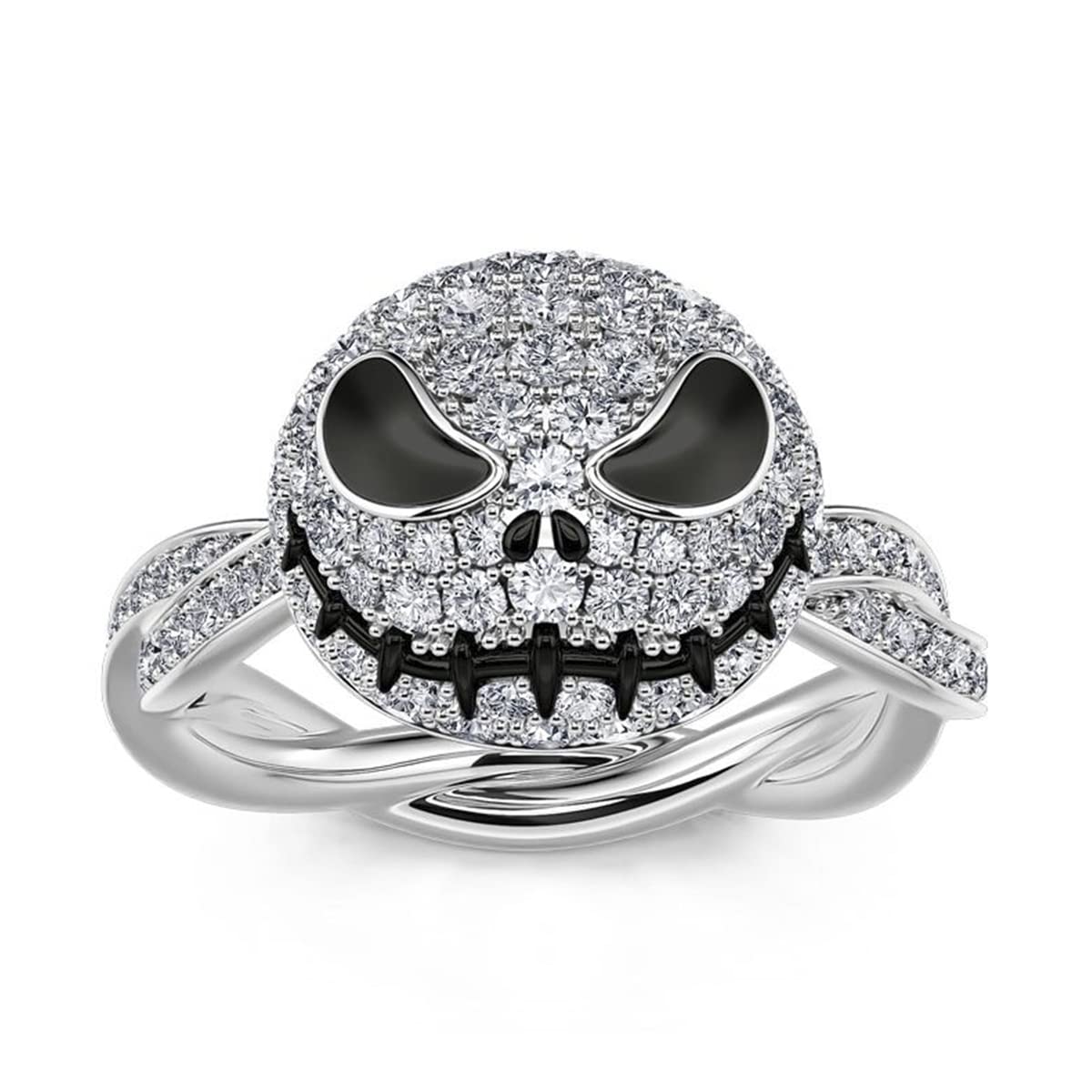 Jeulia Jack Skellington Sterling Silver Rotating Skull Ring - Nightmare Before Christmas Inspired Jewelry for Women & Men | Diamond Solitaire Engagement, Anniversary Gift for Couples | Perfect for Halloween, Christmas, Gothic Weddings & Alternative Fashion
