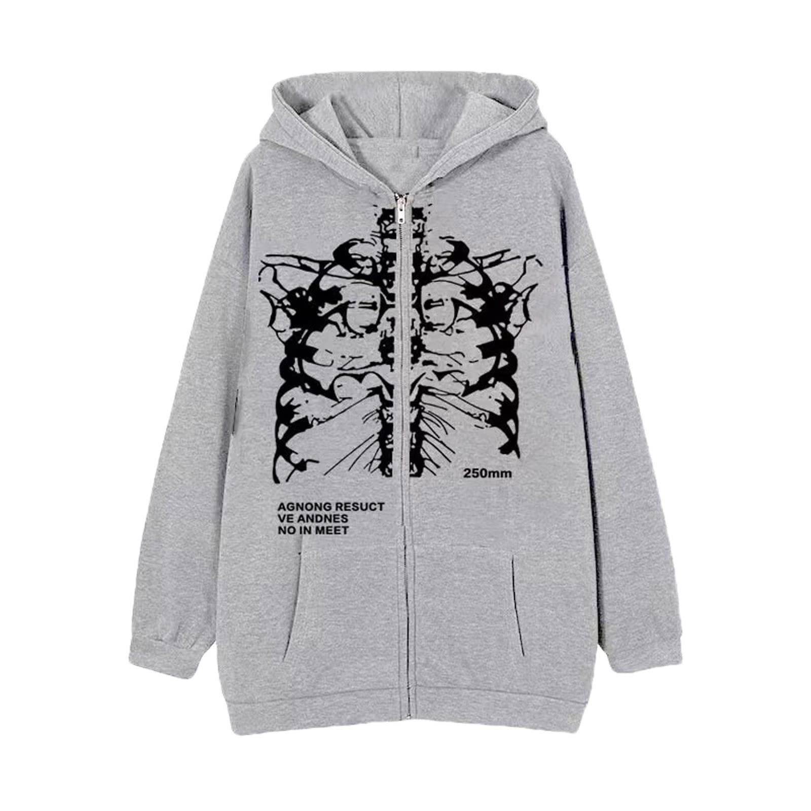 Women's Oversized Zip Up Hoodie - Y2K Skeleton Print Jacket, Baggy Loose Basic Zipper Long Sleeve Hooded Sweatshirt Coat | Streetwear Fashion, Casual Loungewear, Trendy Outerwear for Women