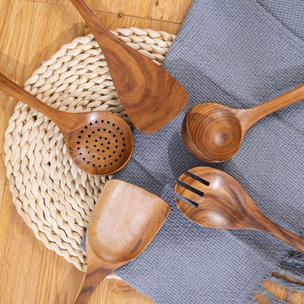 Premium Teak Wooden Utensils Set for Cooking - 5-Piece Nonstick Kitchen Tools with Spatula, Spoon & More - Ideal for Sauteing, Stirring & Serving in Eco-Friendly Kitchens