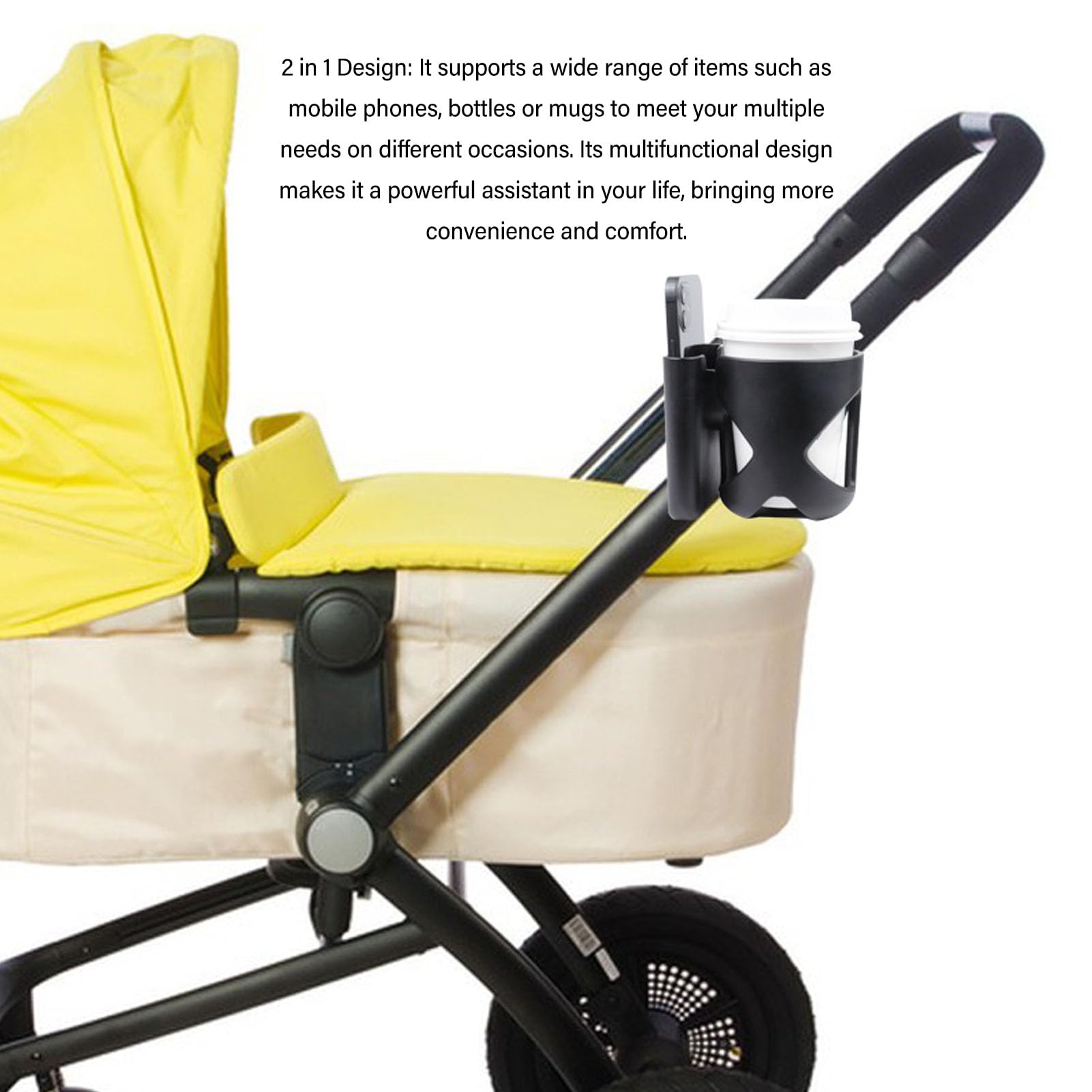 NOENNULL 2 in 1 Stroller Cup Holder with Phone Holder - Adjustable 360° Rotating Universal Drink Holder for Coffee, Water Bottles - Fits Strollers, Bikes, Wheelchairs, Shopping Carts (Black) - Perfect for Parents, Cyclists & Outdoor Activities