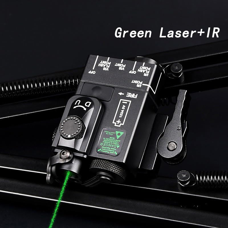 Metal DL-Mini Box Laser Sight with Quick Release Base Mount | IR + Red/Green/Blue Laser | Strobe/Constant Modes | Remote Pressure Switch | Fits 20mm Picatinny Rail (Green Laser) - Perfect for Tactical Shooting, Hunting & Airsoft