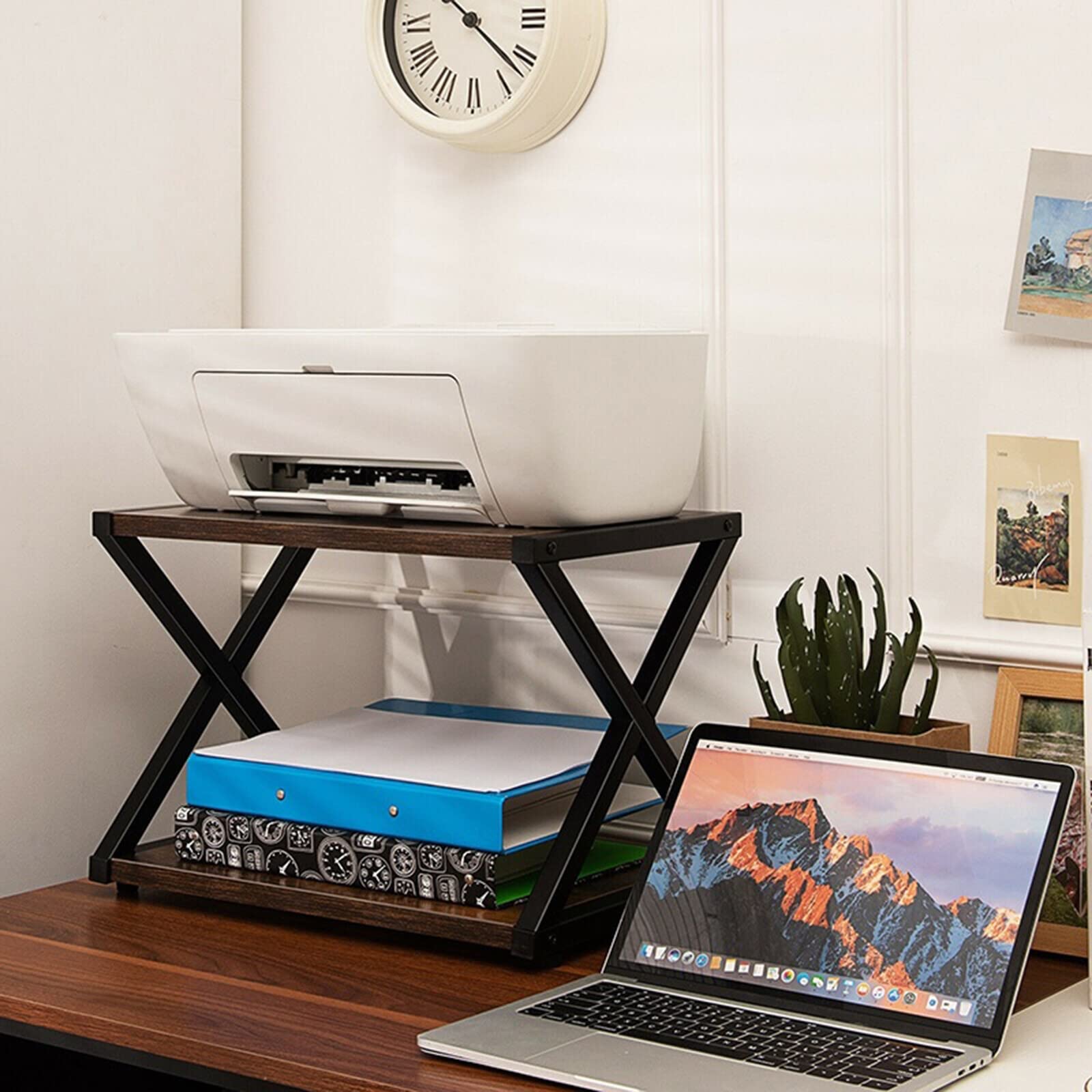 TOMYEUS 2-Tier Printer Stand with Storage Shelves - Sturdy X-Shaped Iron Frame, Anti-Skid Pads & Elegant Design for Home/Office Desks - Perfect for Organizing Printers, Paper & Office Supplies (Black)