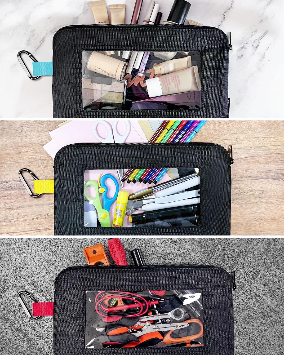 3 Pack Heavy Duty Clear Tool Pouches with Zipper - Small Durable Storage Bags with Clear Window for Tools, Gadgets, Cosmetics, Stationery & Travel Accessories - Perfect for DIY, Home Organization, Camping & Work Essentials