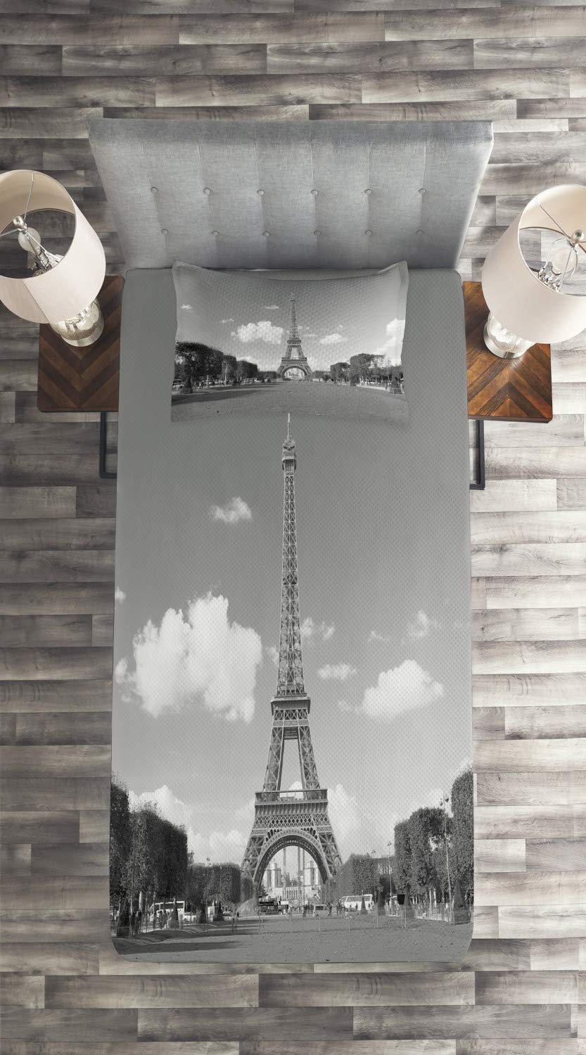 Ambesonne Paris Eiffel Tower Bedspread Set - 2 Piece Quilted Coverlet with Pillow Sham, Twin Size Grey - European Travel Themed Bedding for Home Decor & Guest Room