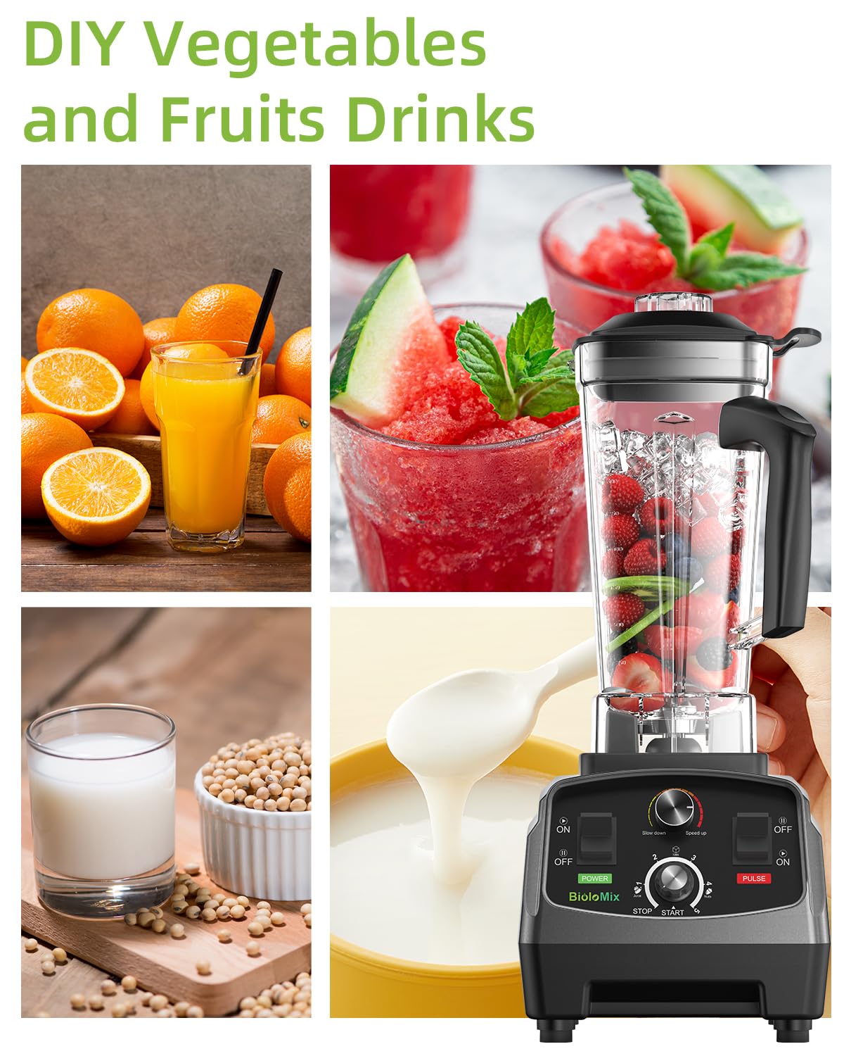 BioloMix 2200W High-Power Countertop Blender - Professional Kitchen Blender for Smoothies, Ice Crushing & Soup Making - Commercial & Home Use with Timer - Perfect for Frozen Fruits, Juices & Meal Prep