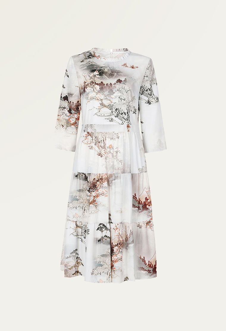 Elegant Printed Satin Tiered Midi Dress with Floral Pattern - Perfect for Casual Outings, Parties & Special Occasions