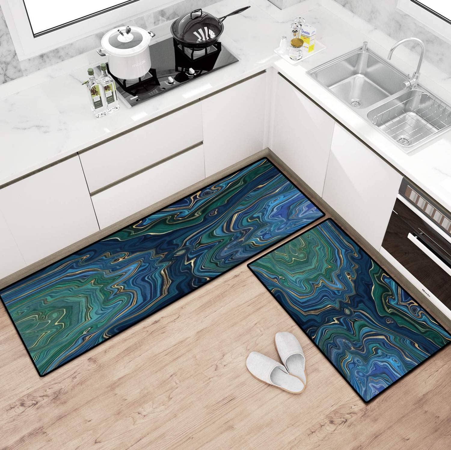 Abstract Blue Green Marble Non-Slip Kitchen Rugs Set - Washable Floor Mat with Golden Veins, Anti-Fatigue Standing Mat for Kitchen Runner, Doormat & Bathroom Decor | Perfect for Home, Office & High-Traffic Areas