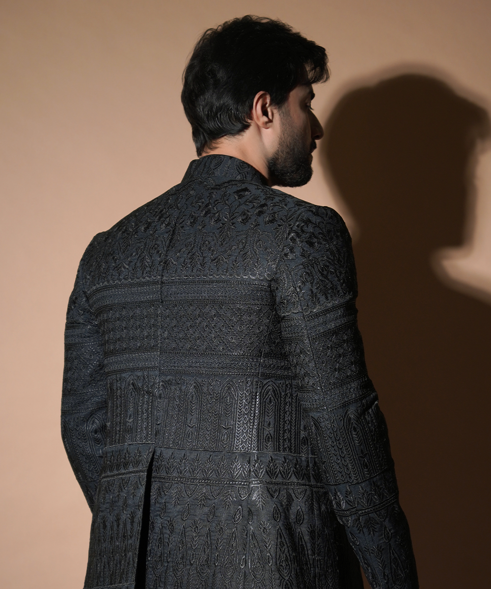 Black Raw Silk Prince Coat Set for Men - Elegant Formal Wear for Weddings, Parties & Special Occasions