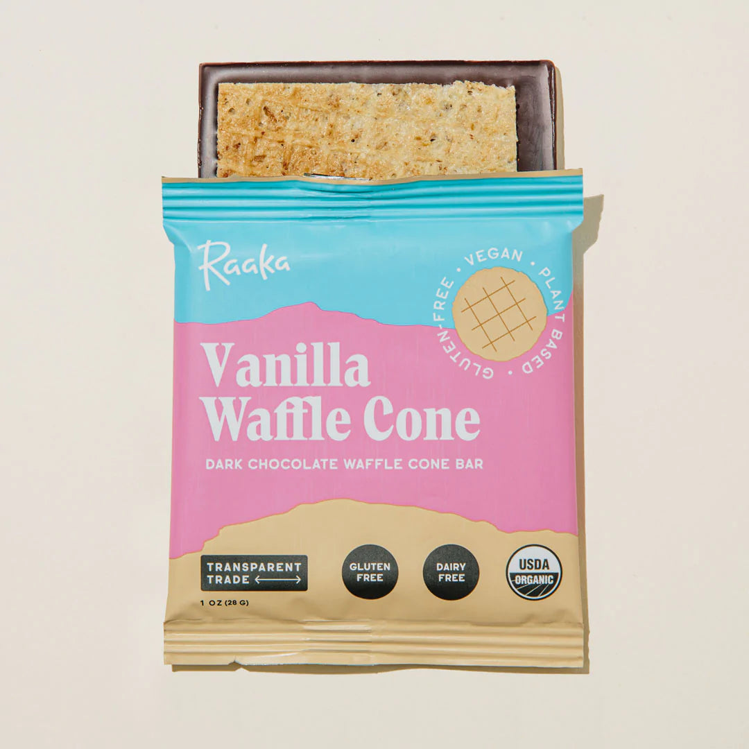 Organic Raaka 61% Vanilla Waffle Cone Dark Chocolate Bar - Premium Vegan Chocolate for Baking, Gifts & Healthy Snacking