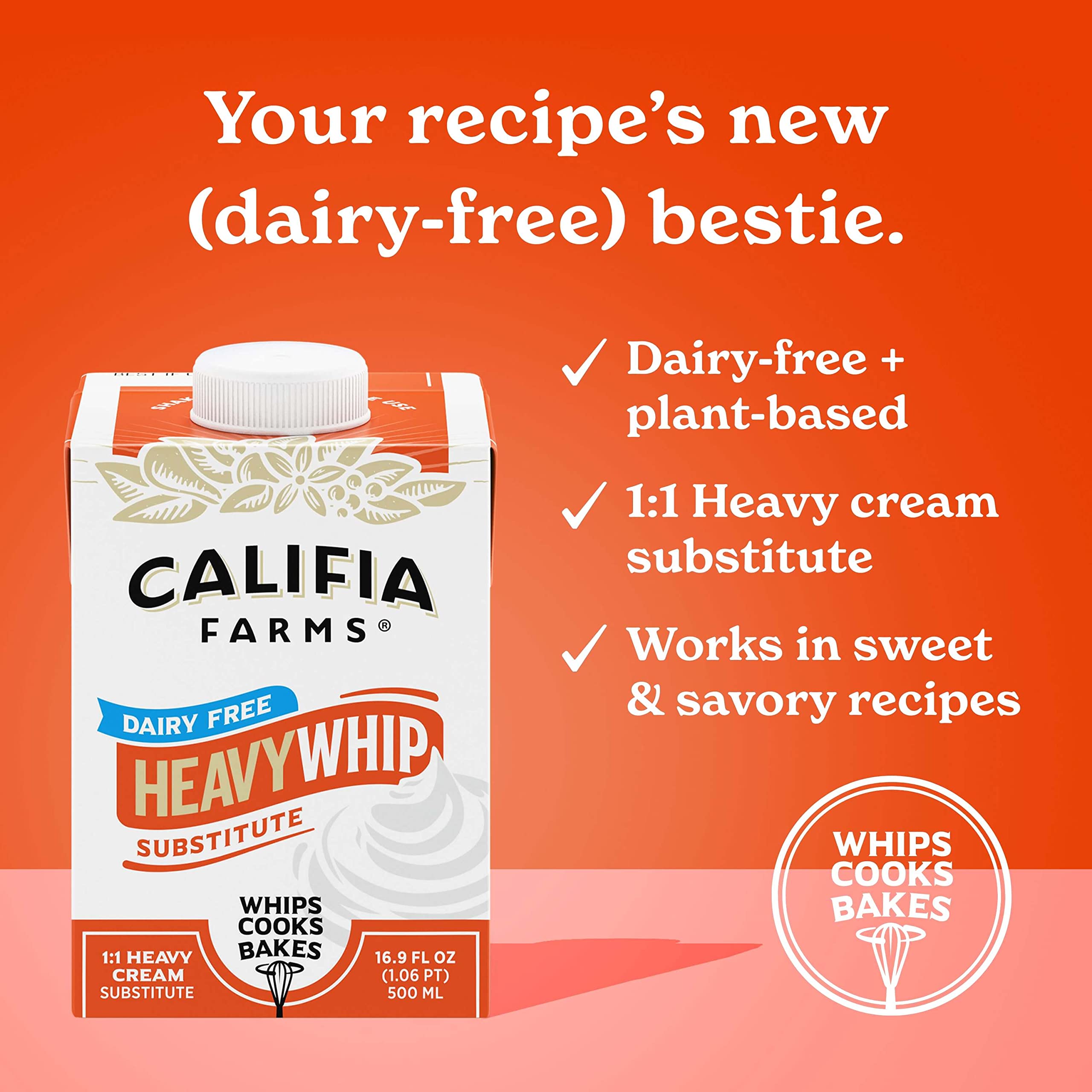 Califia Farms Dairy-Free Heavy Whipping Cream Substitute - 16.9 Oz, Plant-Based, Vegan, Non-GMO, Sugar-Free, Soy-Free | Perfect for Coffee, Baking & Desserts