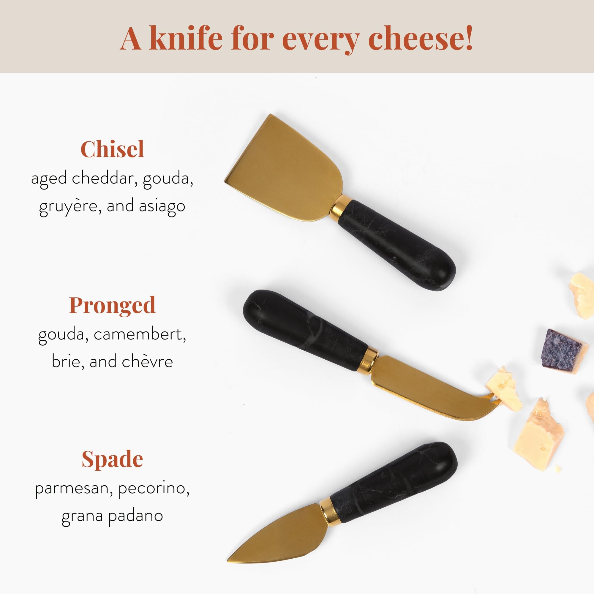 Premium Marble Cheese Knife Set - 4-Piece Stainless Steel Cheese Knives for Charcuterie Boards | Cheese Board Accessories & Charcuterie Tools | Perfect for Wine Parties, Housewarming Gifts & New Home Essentials